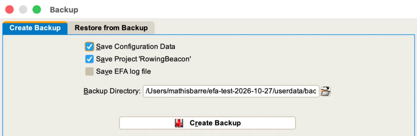 The “Create Backup” tab in efa2, with “Save Configuration Data” and “Save Project” ticked