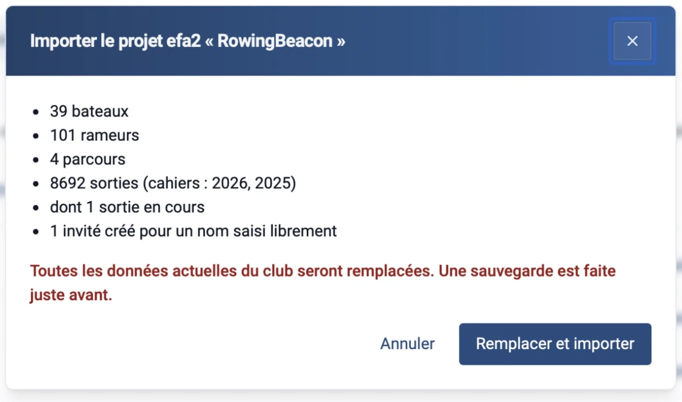 Aperçu de l’import d’un projet efa2 : 39 bateaux, 101 rameurs, 4 parcours, 8692 sorties sur les cahiers 2026 et 2025, dont 1 sortie en cours