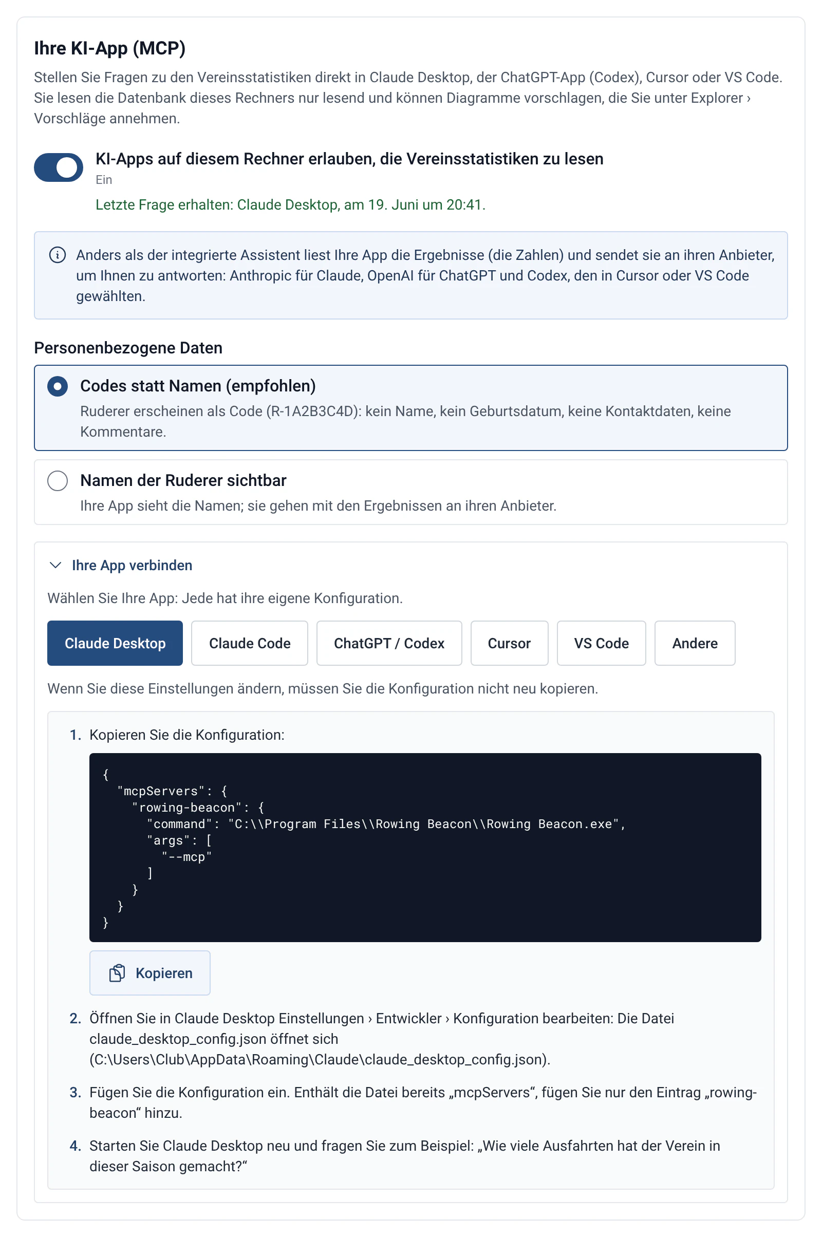 Einstellungen des MCP-Servers von RowingBeacon, um einen Assistenten wie Claude Desktop anzubinden