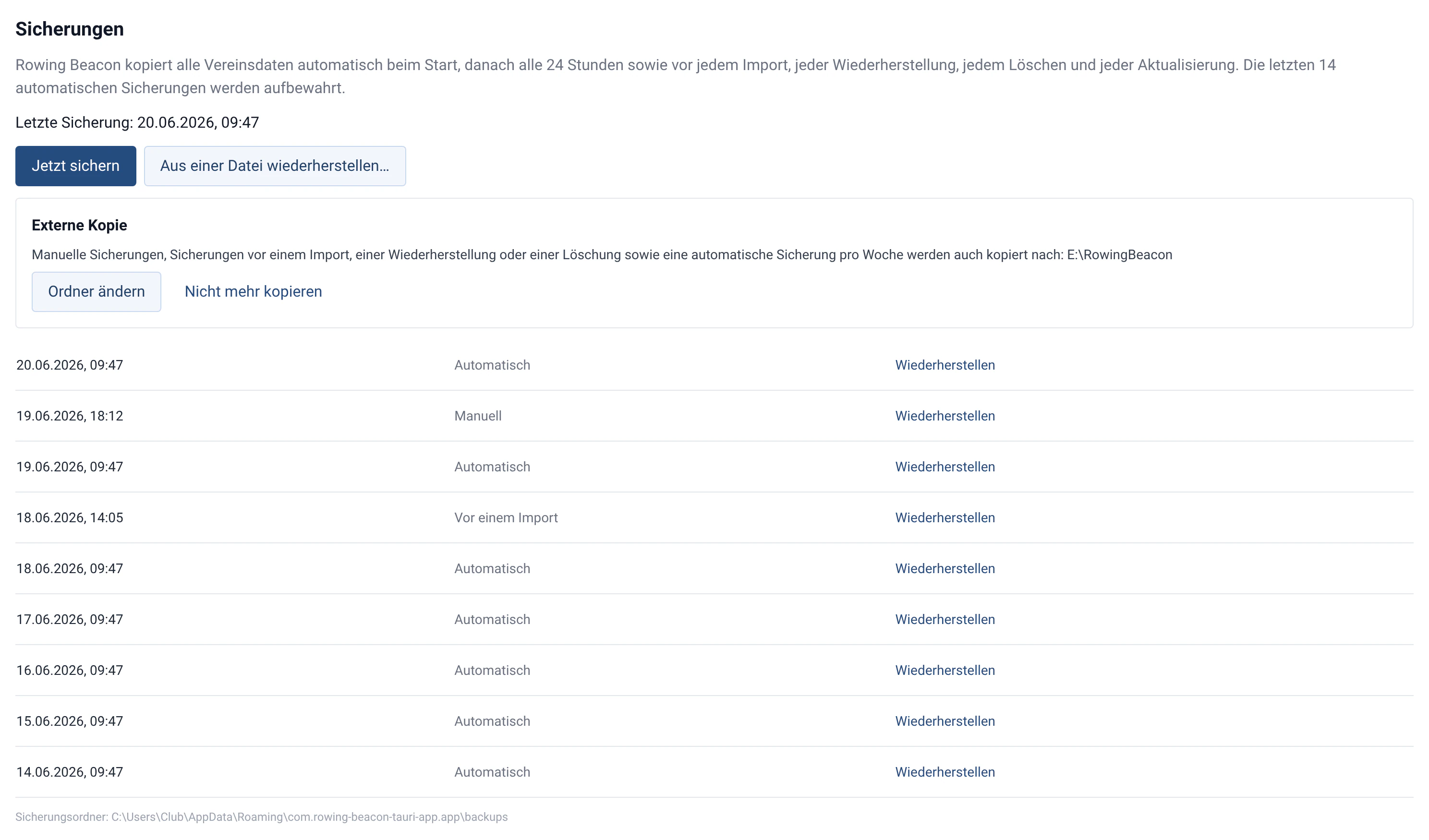 Bereich Sicherungen in RowingBeacon: letzte Sicherung, externe Kopie und Liste der Sicherungen zum Wiederherstellen