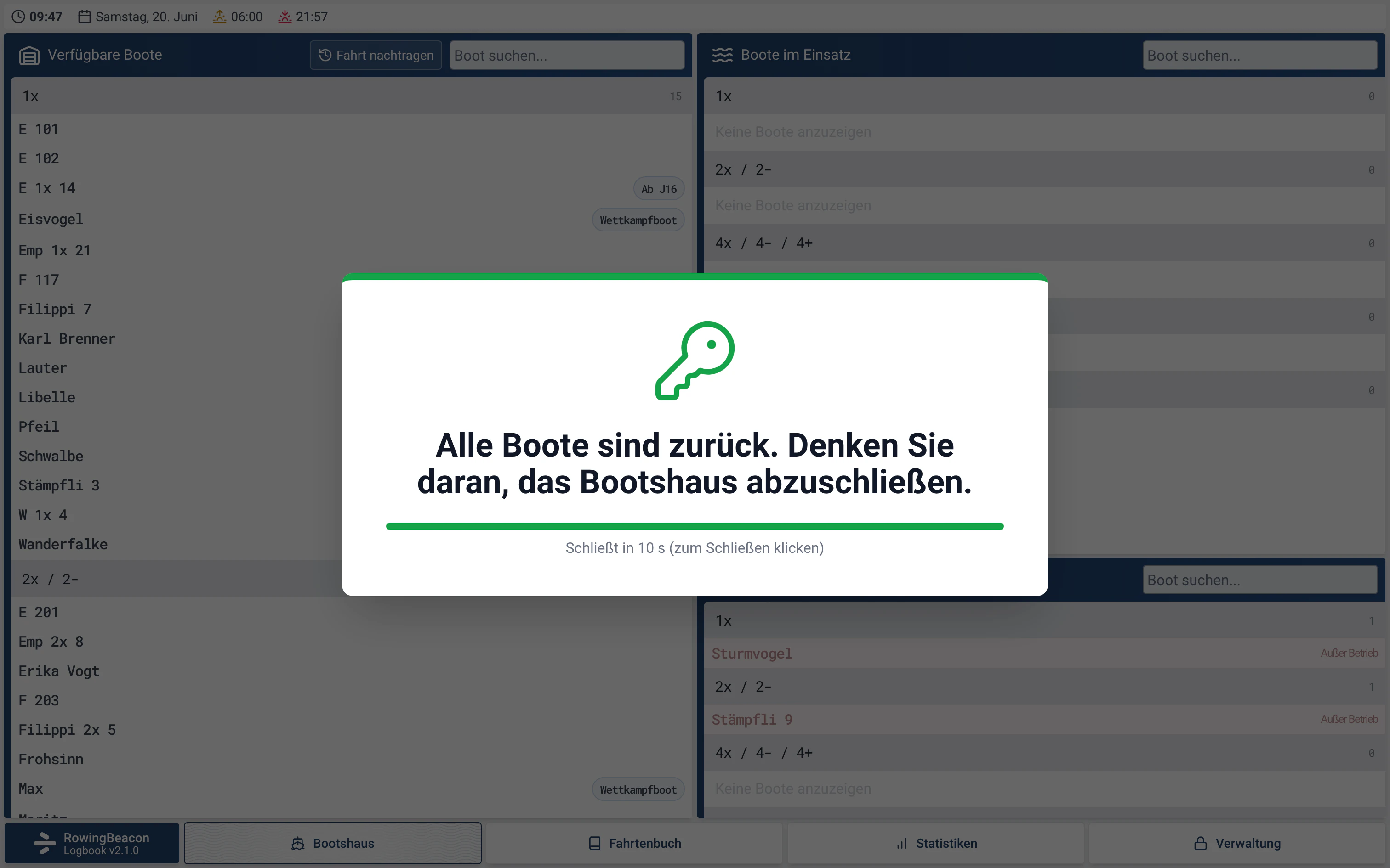Bootshaus-Ansicht von RowingBeacon: Alle Boote sind zurück, die Erinnerung fordert zum Abschließen auf