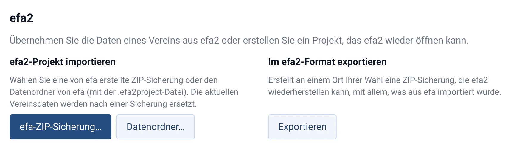 Bereich efa2 unter Verwaltung › Daten in Rowing Beacon: ein efa2-Projekt aus einer ZIP-Sicherung oder einem Datenordner importieren oder im efa2-Format exportieren