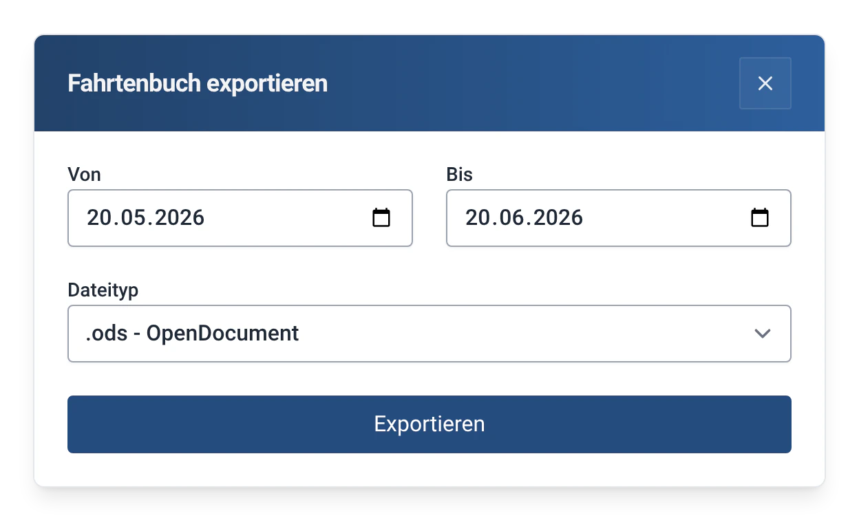 Fenster „Fahrtenbuch exportieren“ in RowingBeacon: Zeitraum und Dateityp (ods, xlsx, json oder csv)