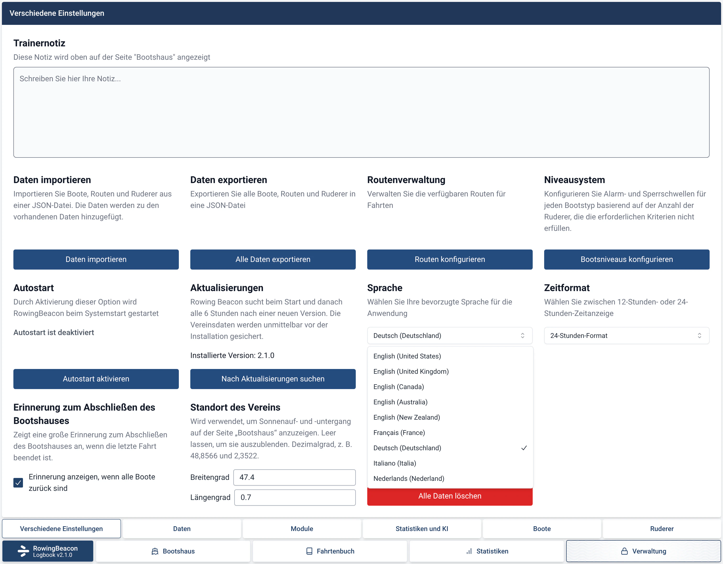 Verwaltung › Verschiedene Einstellungen in RowingBeacon: die Liste der verfügbaren Sprachen