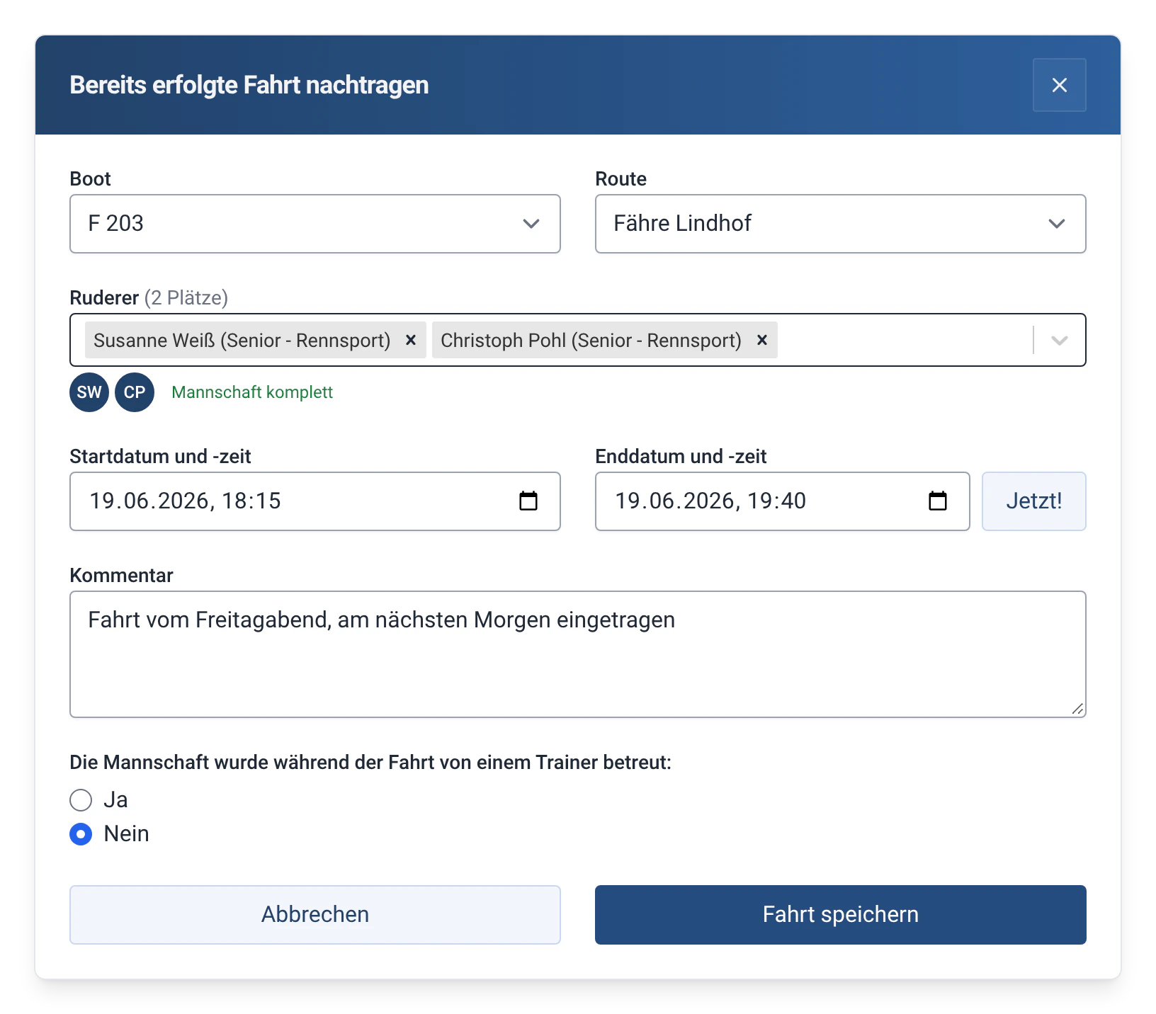 Fenster für eine nachträglich eingetragene Fahrt in RowingBeacon: Fahrt mit F 203, mit Beginn und Ende