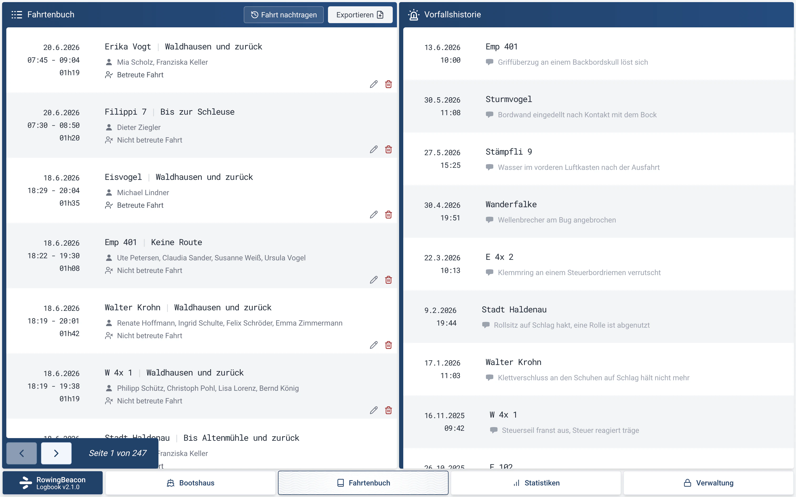 Fahrtenbuch-Reiter von RowingBeacon: links die Fahrtenliste, rechts die Vorfallshistorie