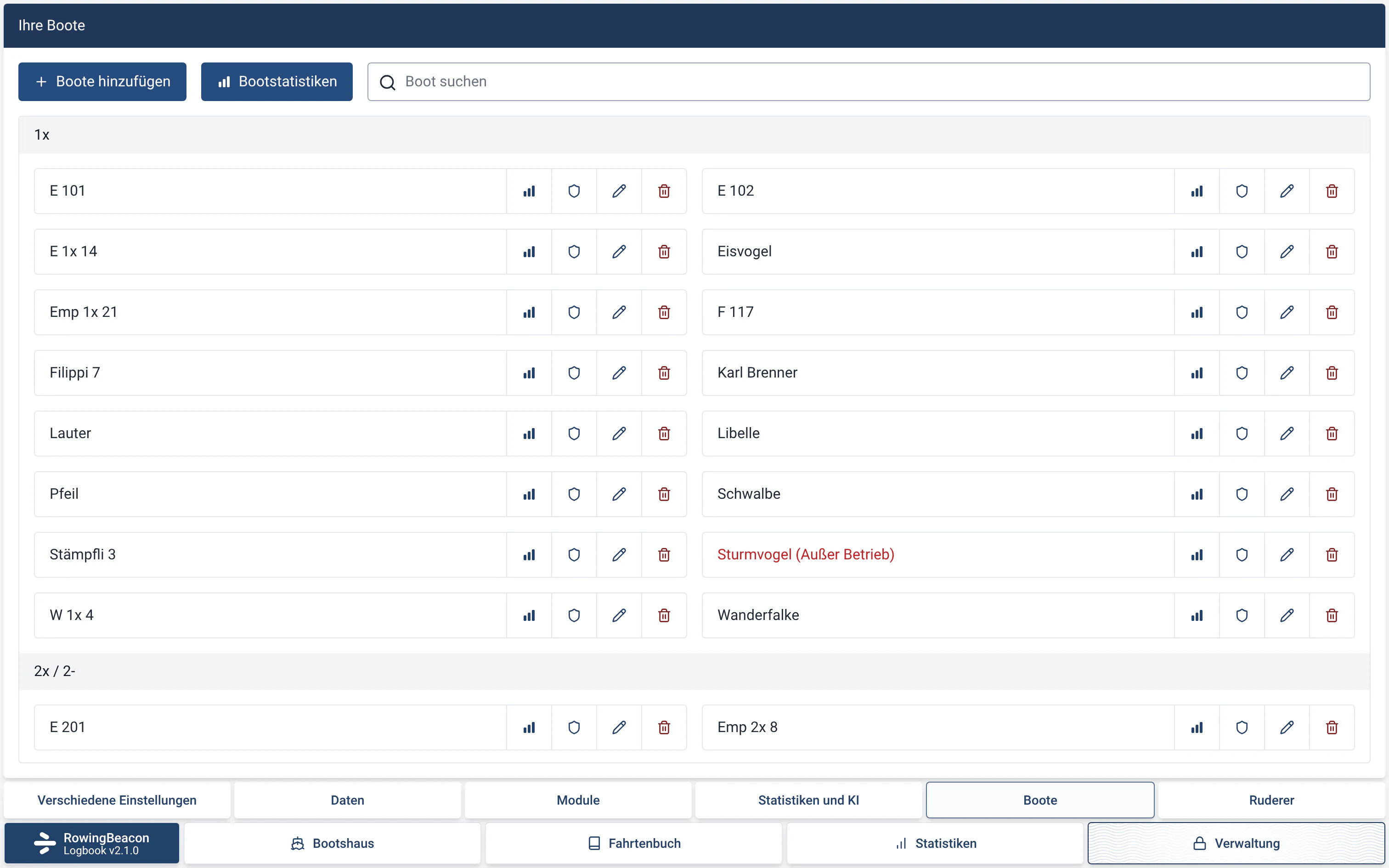 Verwaltung › Boote in RowingBeacon: die Bootsliste des Vereins, nach Bootstyp geordnet