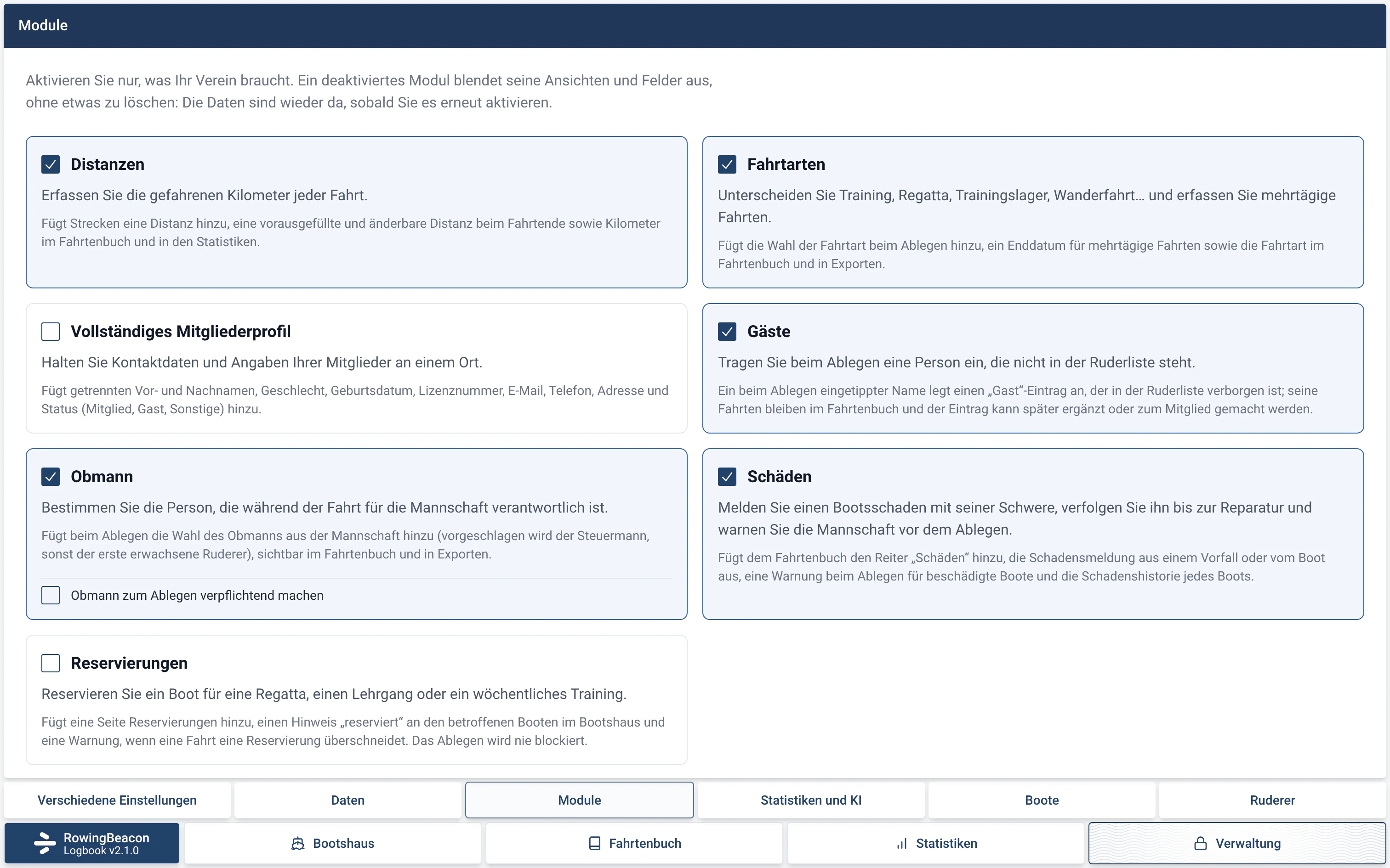 Seite Verwaltung › Module in RowingBeacon: die sieben Module, jedes mit eigenem Kontrollkästchen