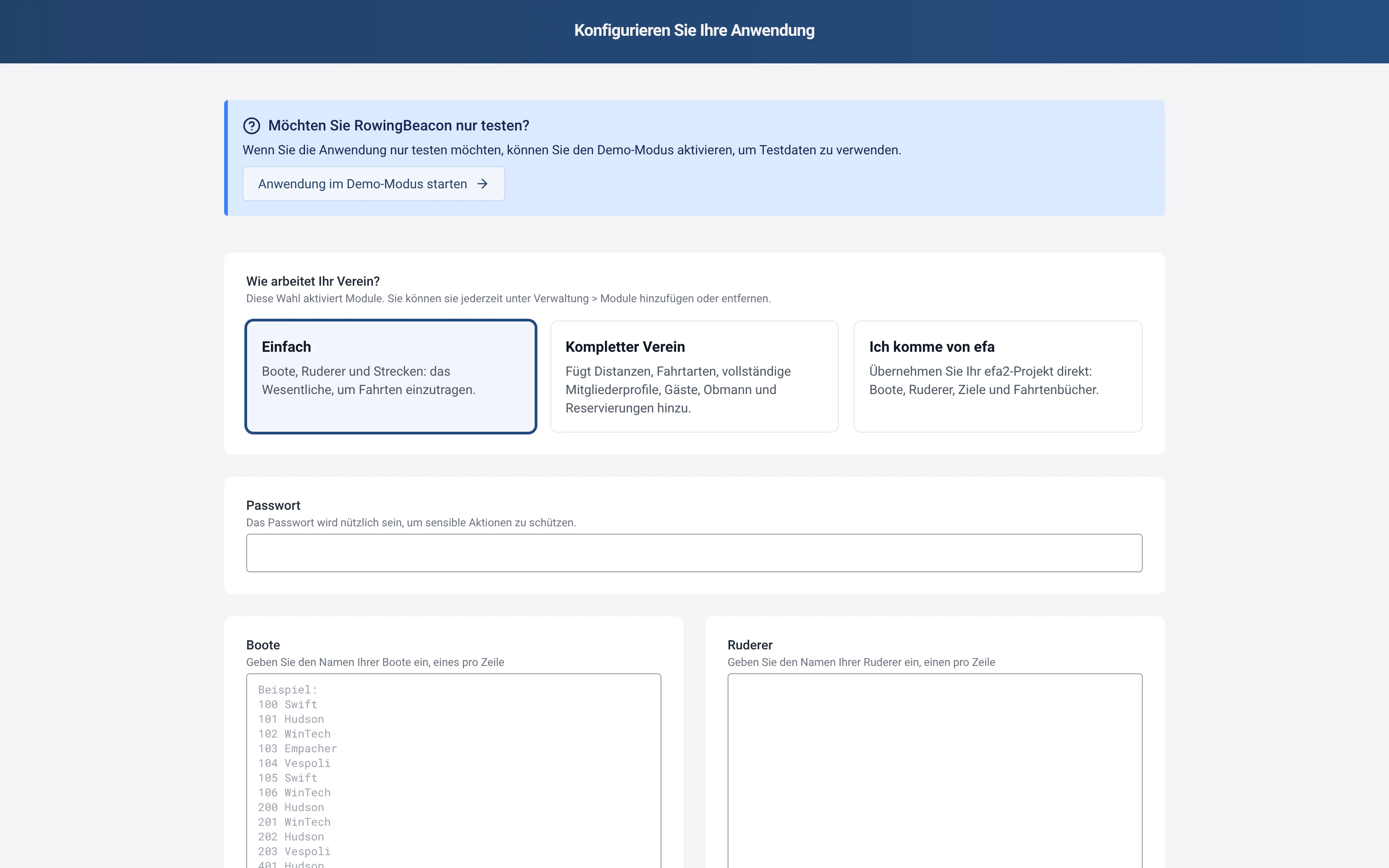 Erster Start von RowingBeacon: Auswahl des Profils Einfach, Kompletter Verein oder Ich komme von efa