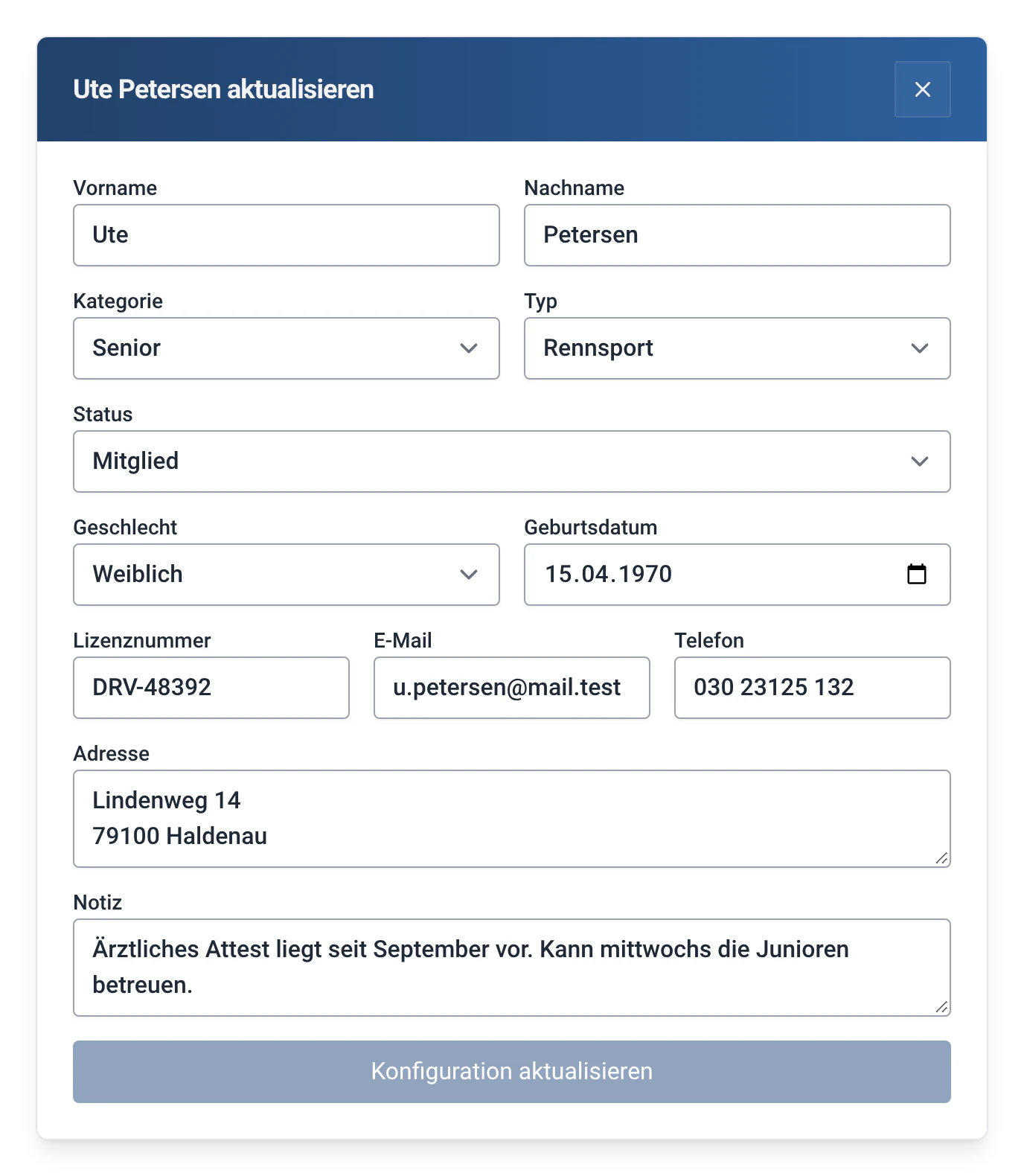 Mitgliedskarte von Ute Petersen in RowingBeacon mit dem Modul Vollständiges Mitgliederprofil: Geburtsdatum, Lizenz, E-Mail, Telefon und Adresse