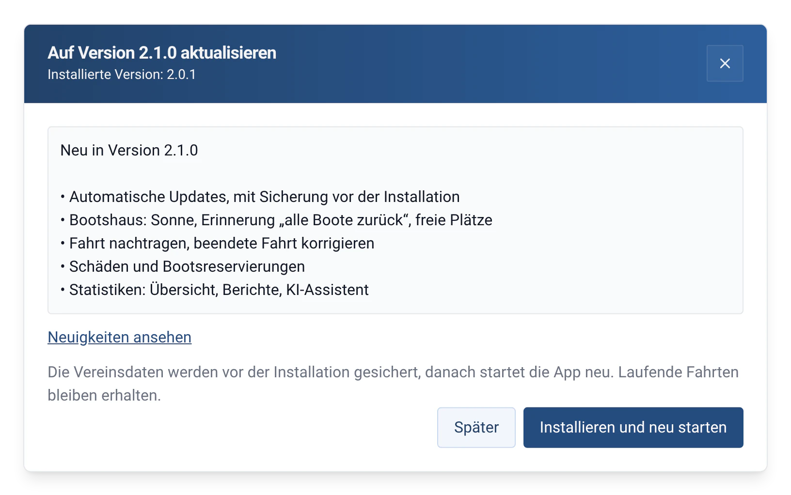 Update-Fenster von RowingBeacon: von Version 2.0.1 auf 2.1.0, mit Versionshinweisen und Sicherung vor der Installation