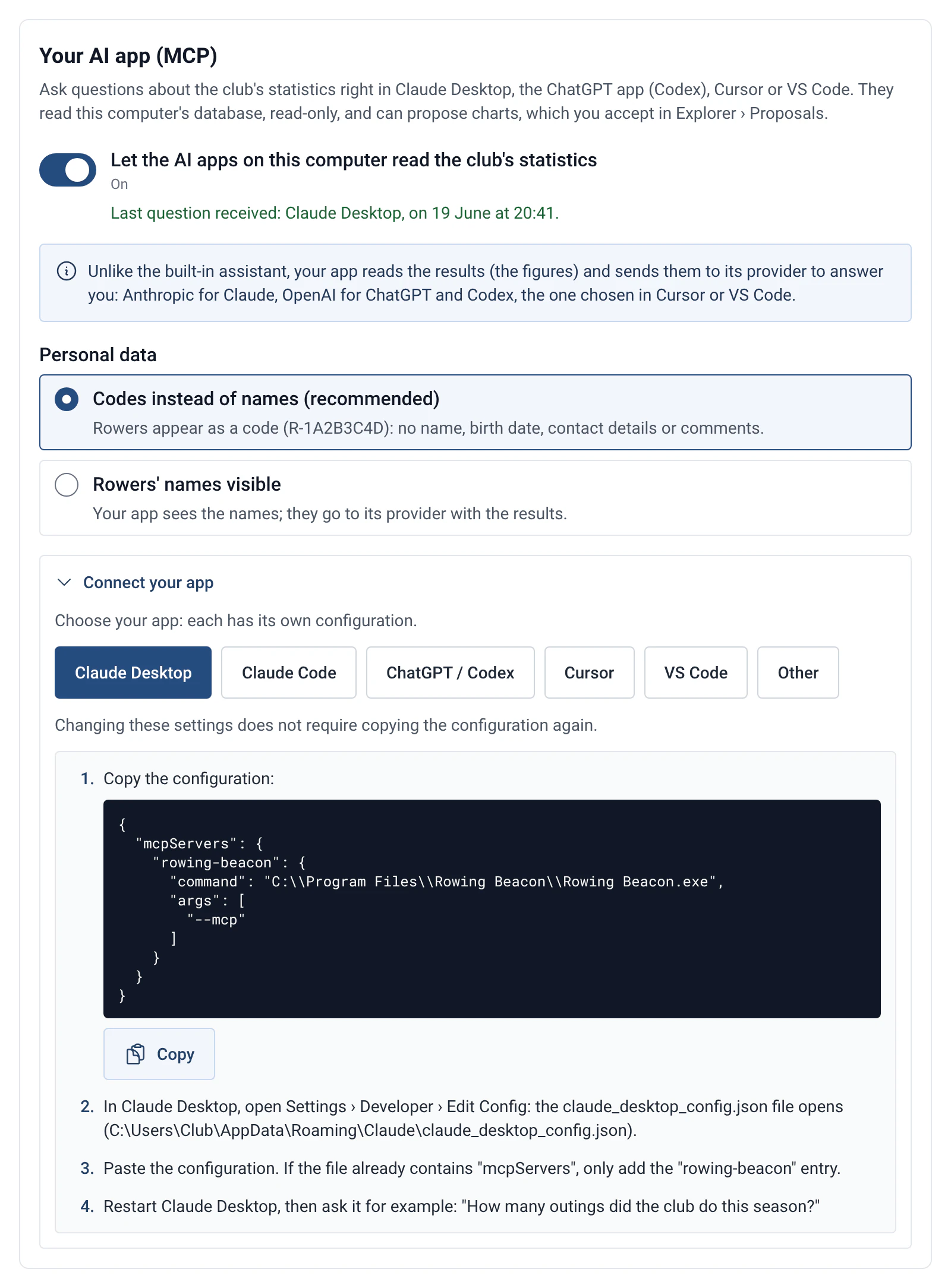 RowingBeacon MCP server settings for connecting an assistant such as Claude Desktop