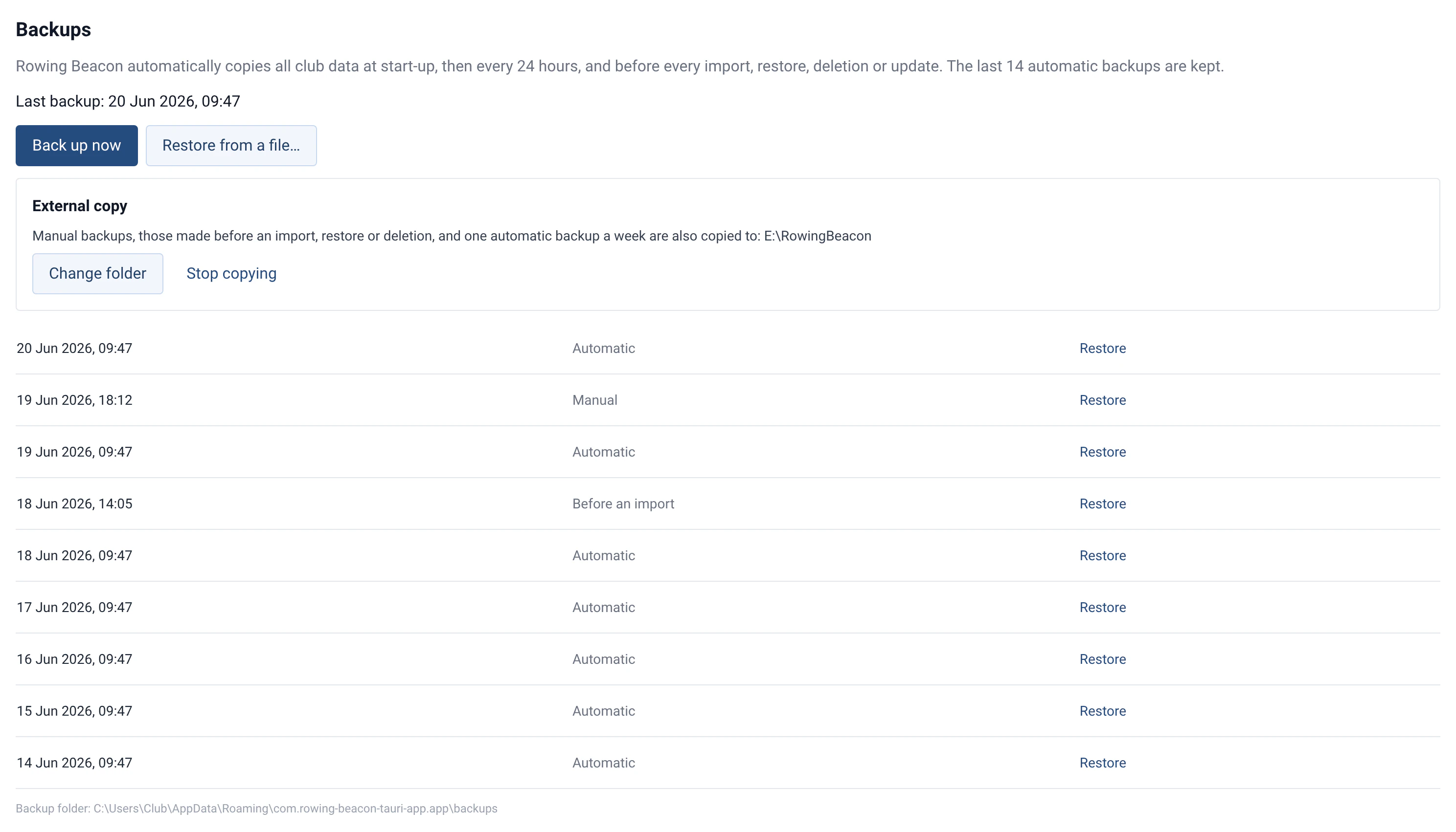 Backups section of RowingBeacon: last backup, external copy and the list of backups to restore