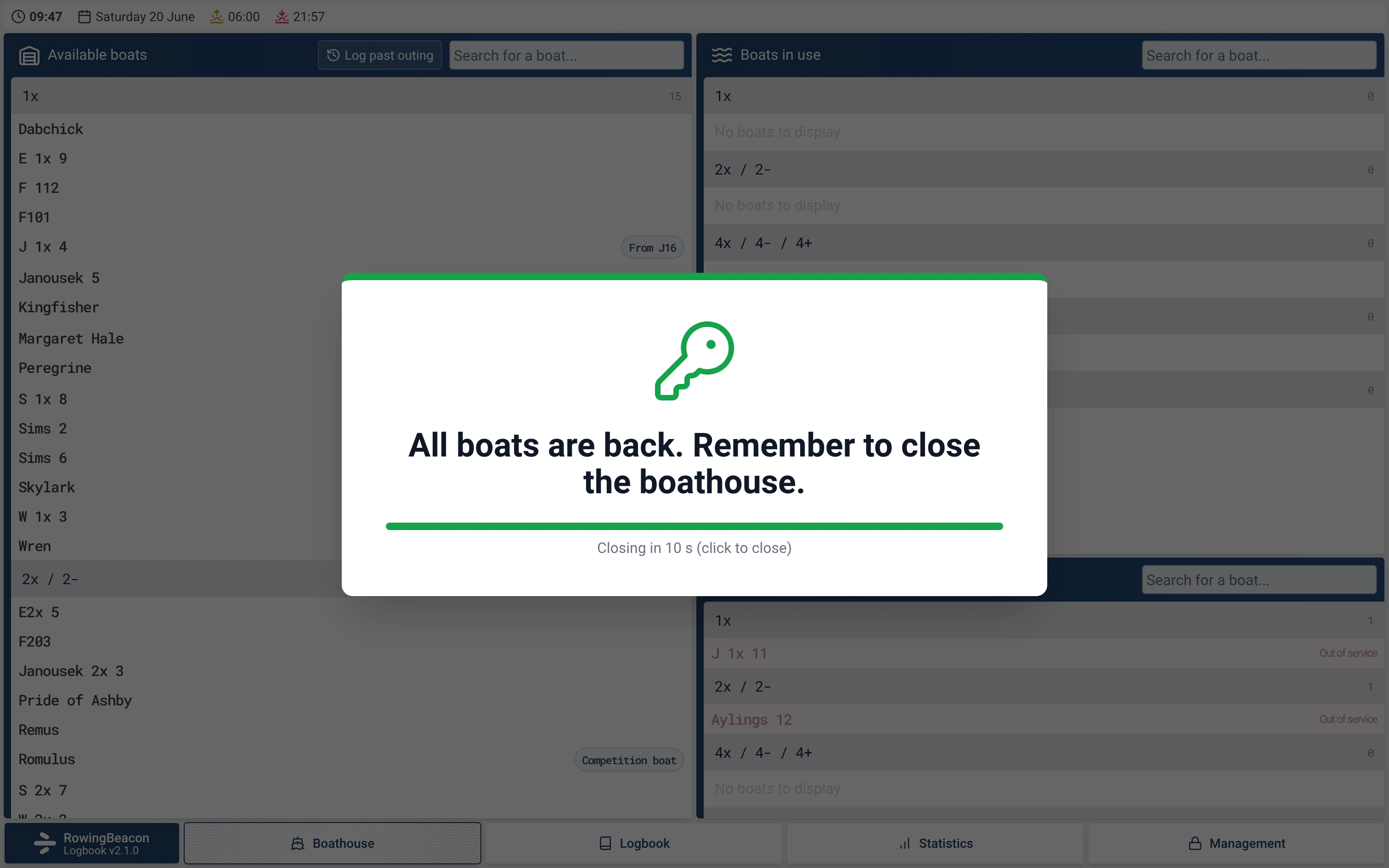 RowingBeacon boathouse screen: every boat is back and the reminder suggests locking up
