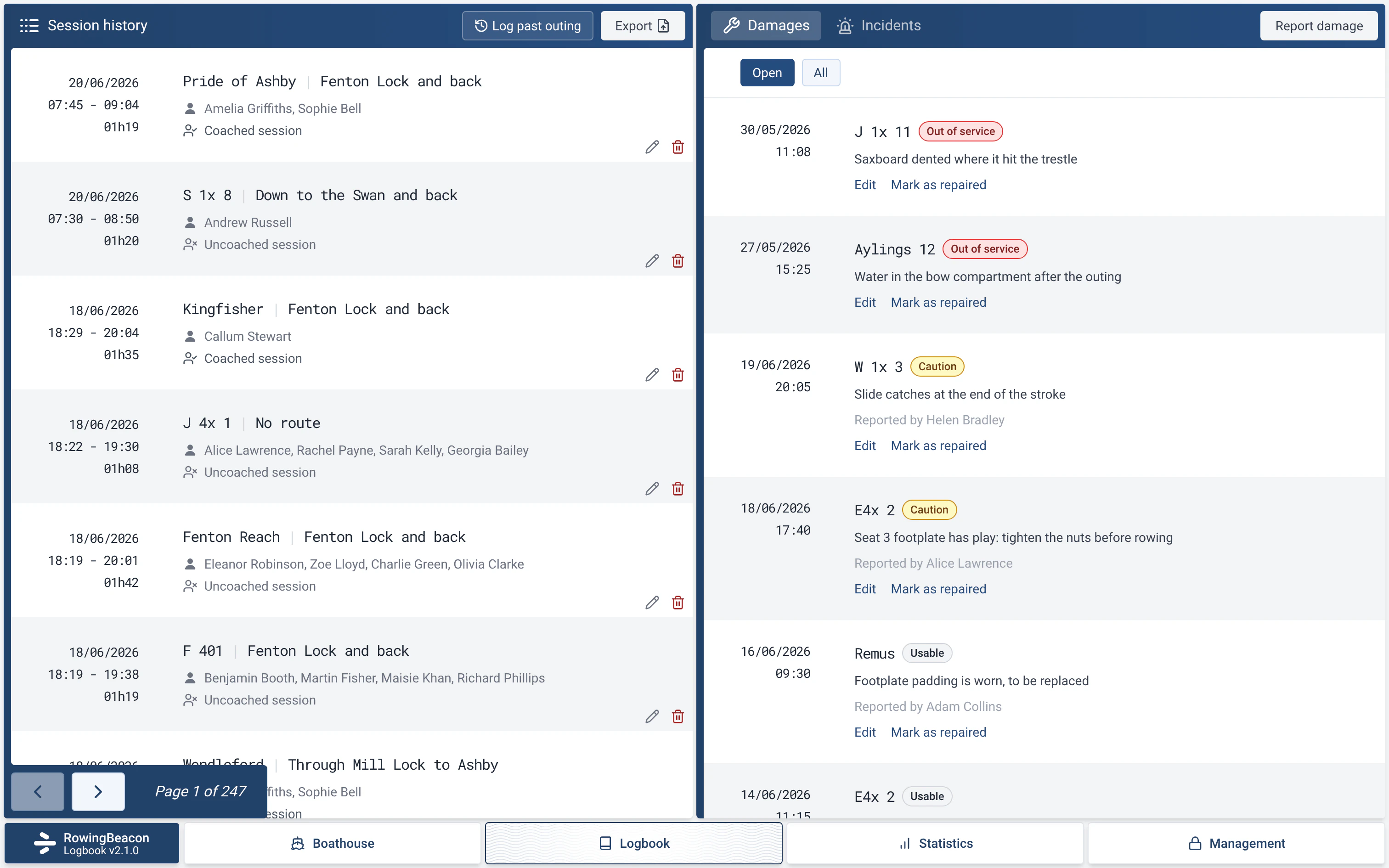 Damages tab of the RowingBeacon logbook: 6 open damage reports with their severity