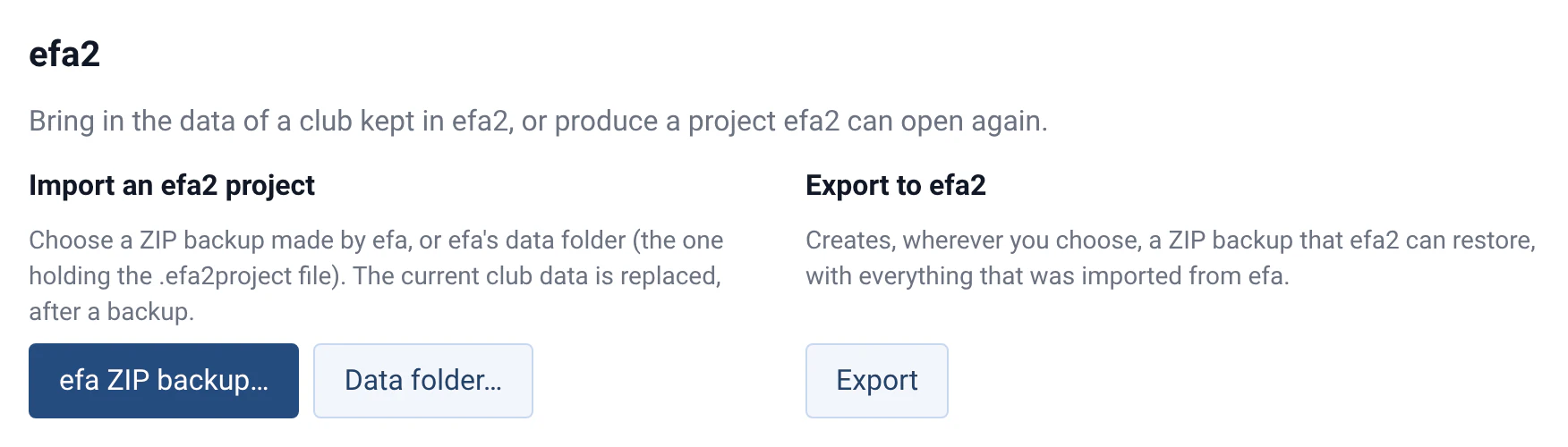 The efa2 section of Management › Data in Rowing Beacon: import an efa2 project from a ZIP backup or a data folder, or export to efa2