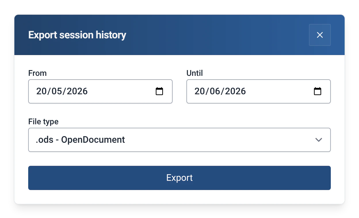 RowingBeacon window ‘Export session history’: date range and file type (ods, xlsx, json or csv)