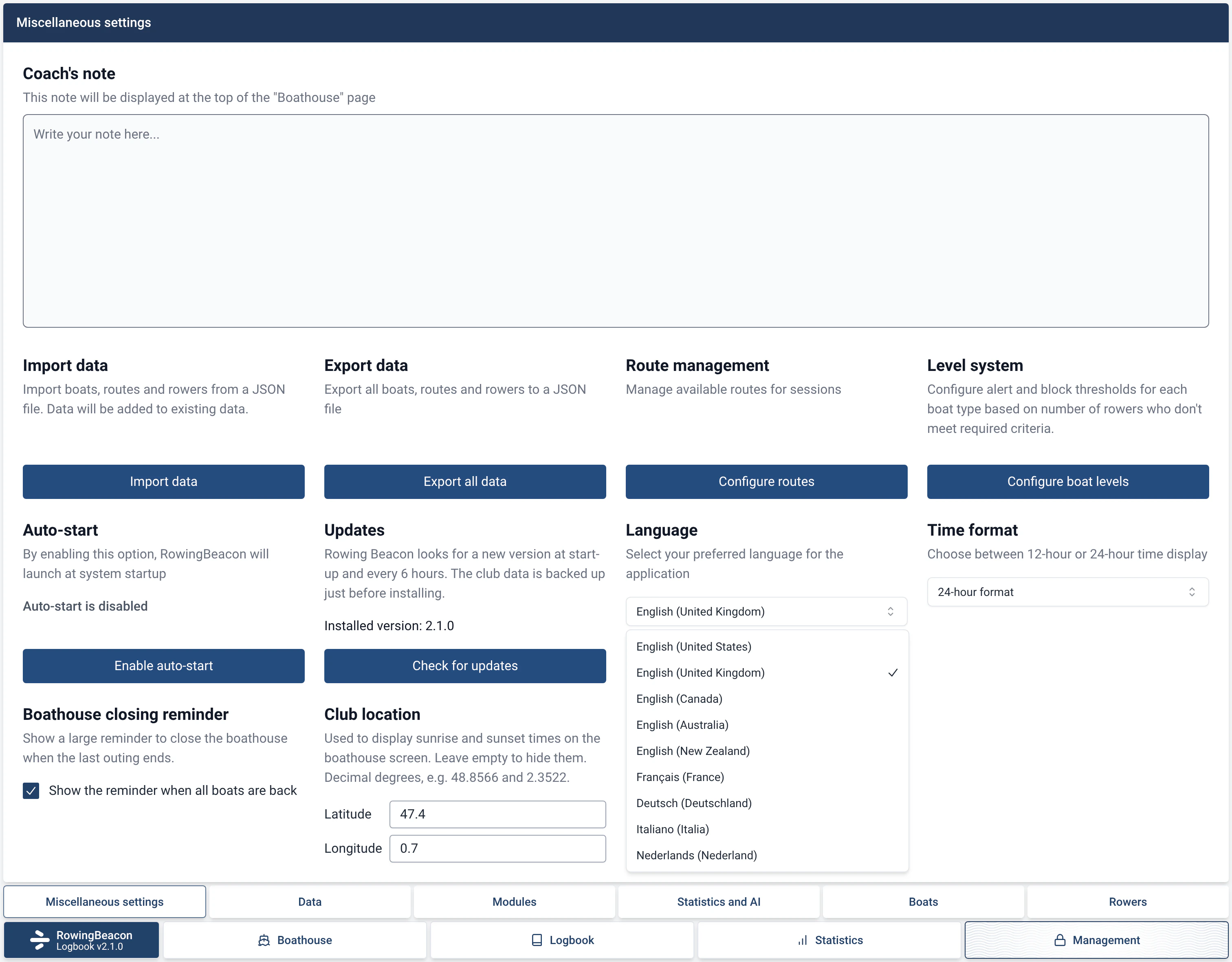 Management › Miscellaneous settings in RowingBeacon: the list of available languages