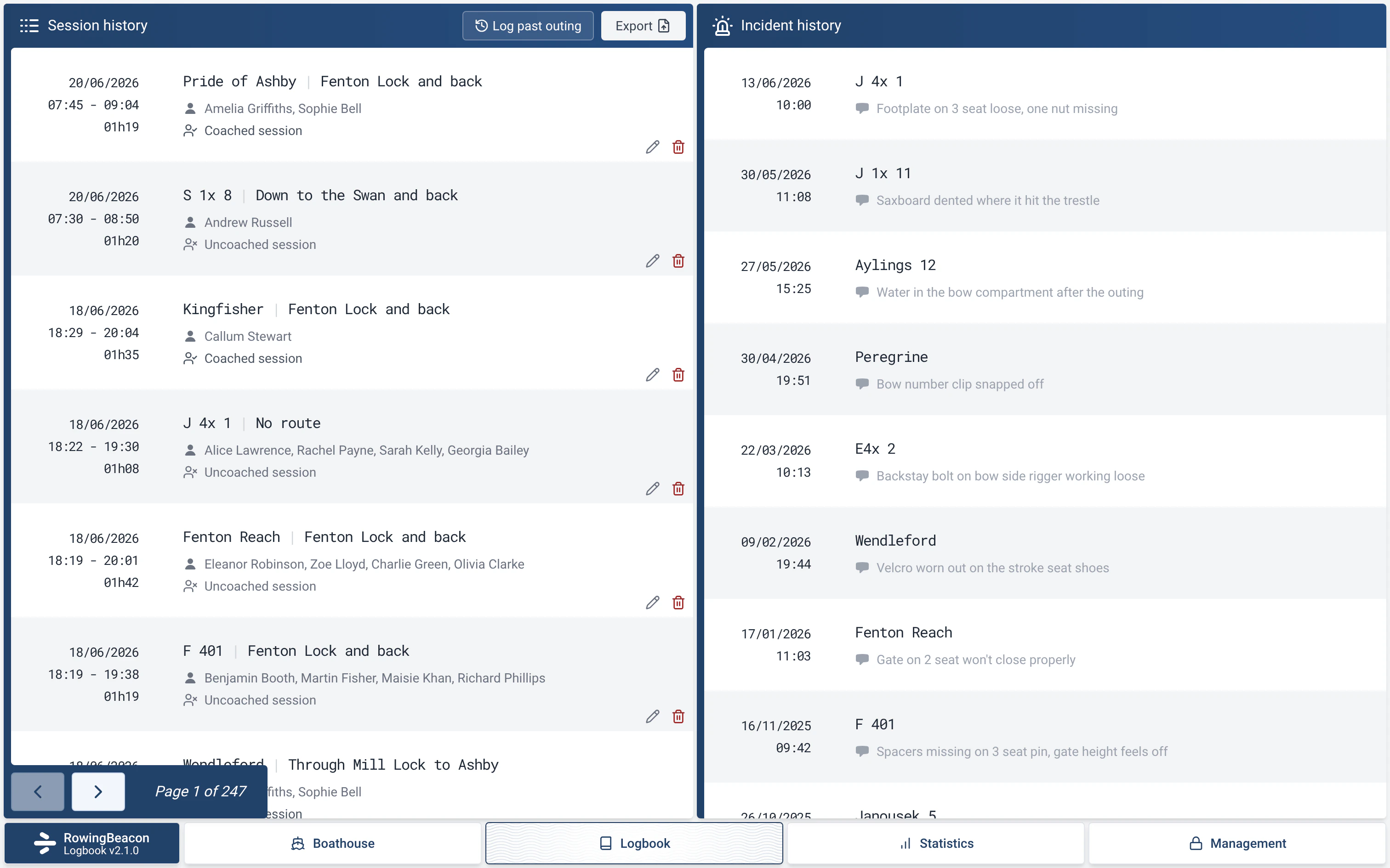 Logbook tab of RowingBeacon: the session history on the left, the incident history on the right
