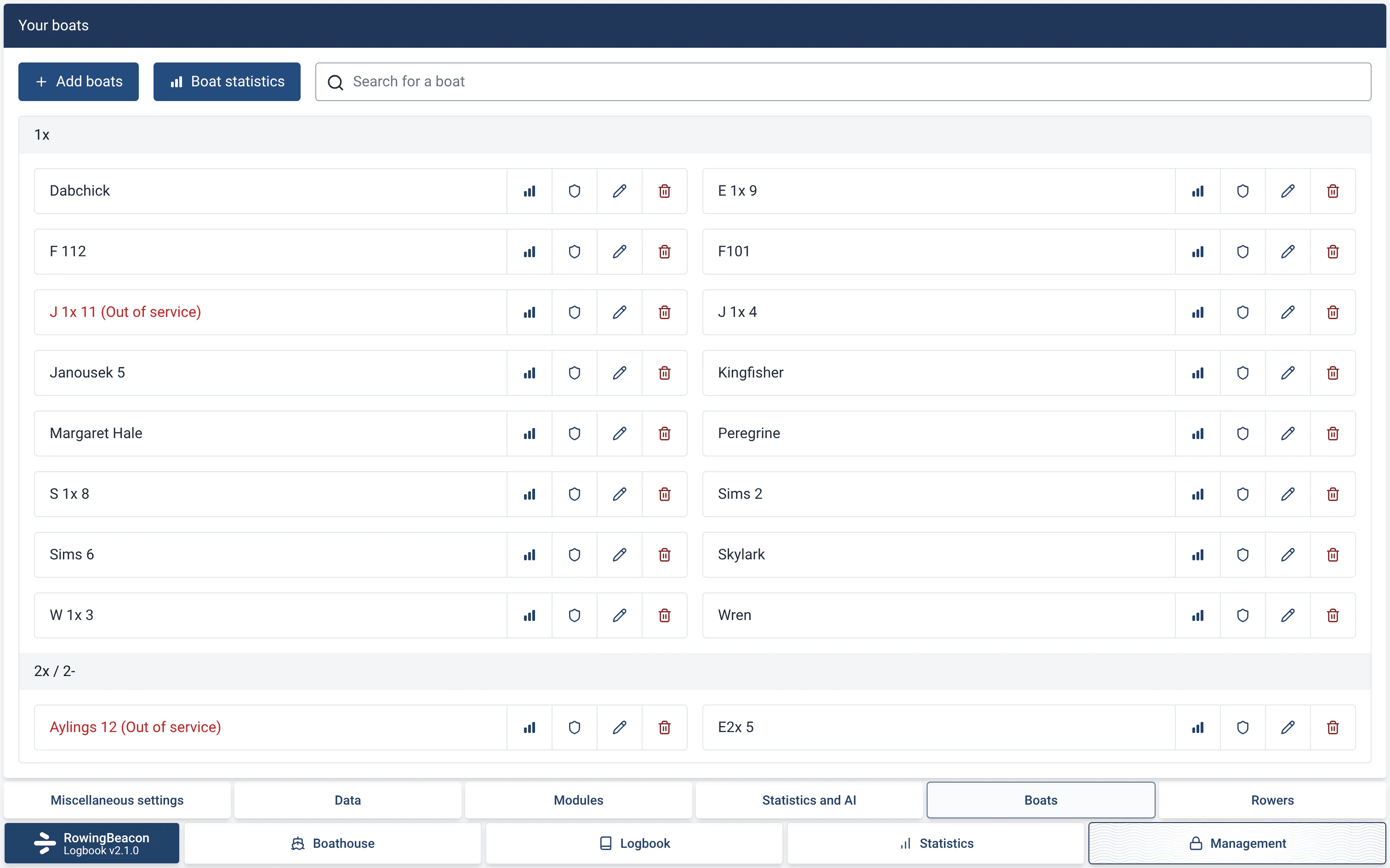 Management › Boats in RowingBeacon: the club’s list of boats, grouped by type