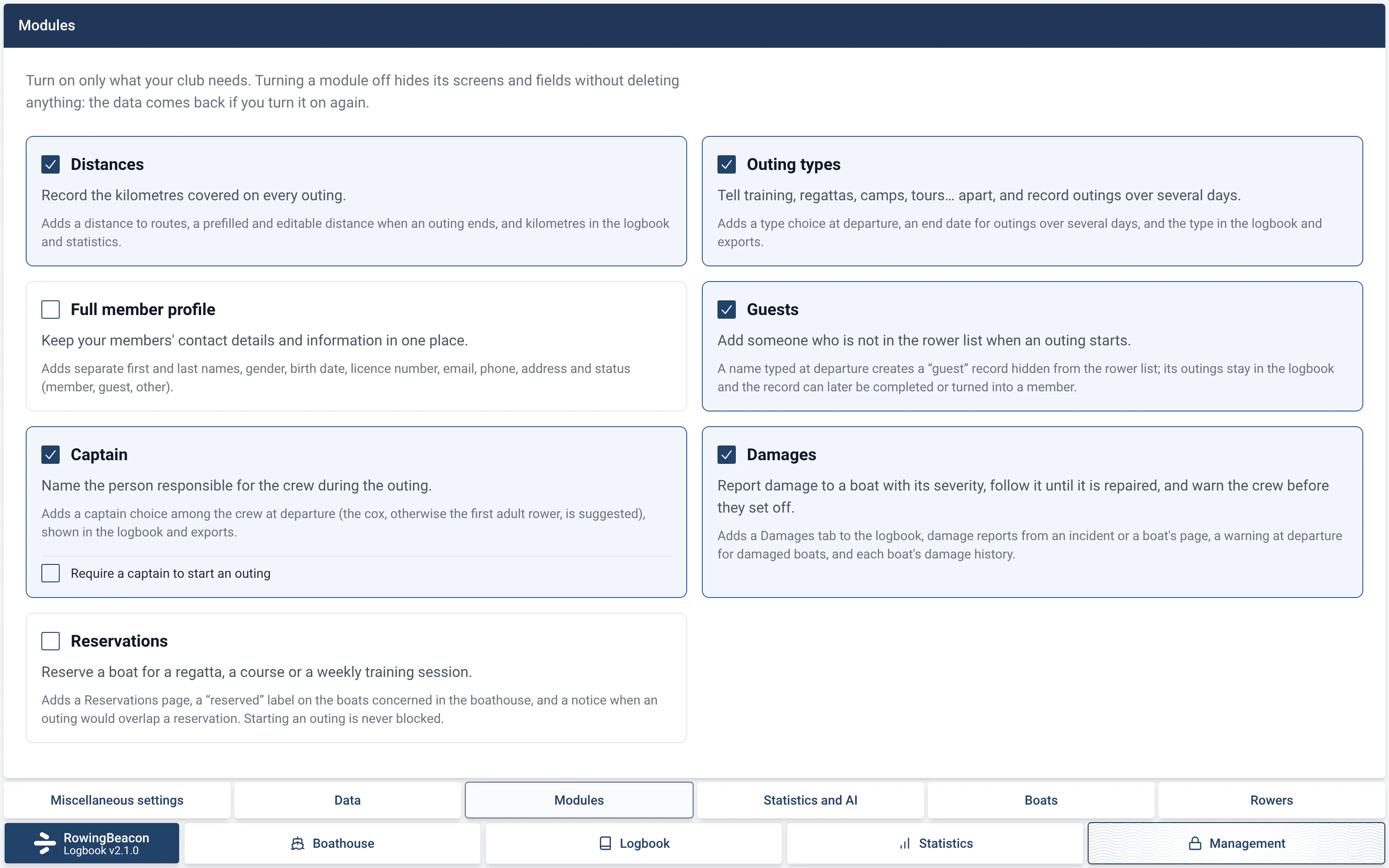 Management › Modules page of RowingBeacon: the seven modules, each with its own checkbox