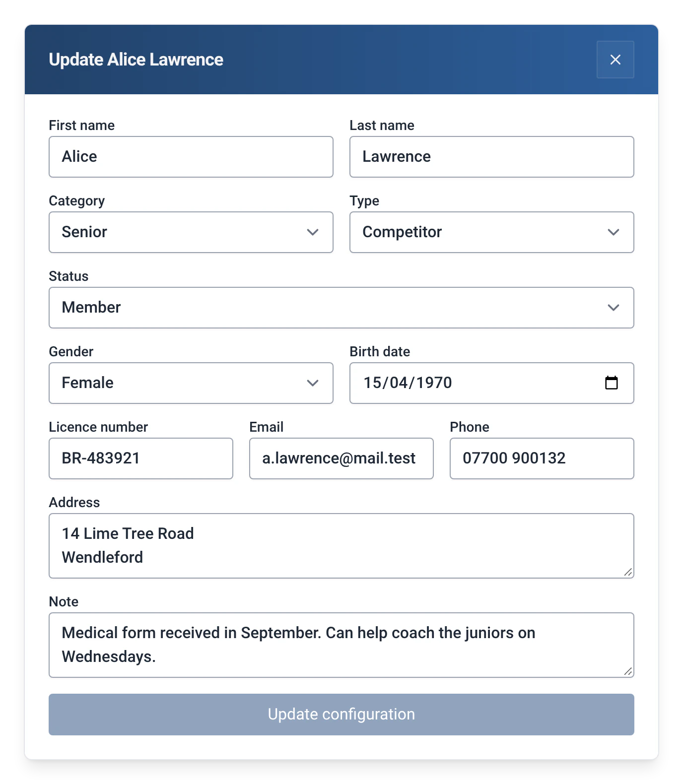 Alice Lawrence’s record in RowingBeacon with the Full member profile module: birth date, licence, email, phone and address