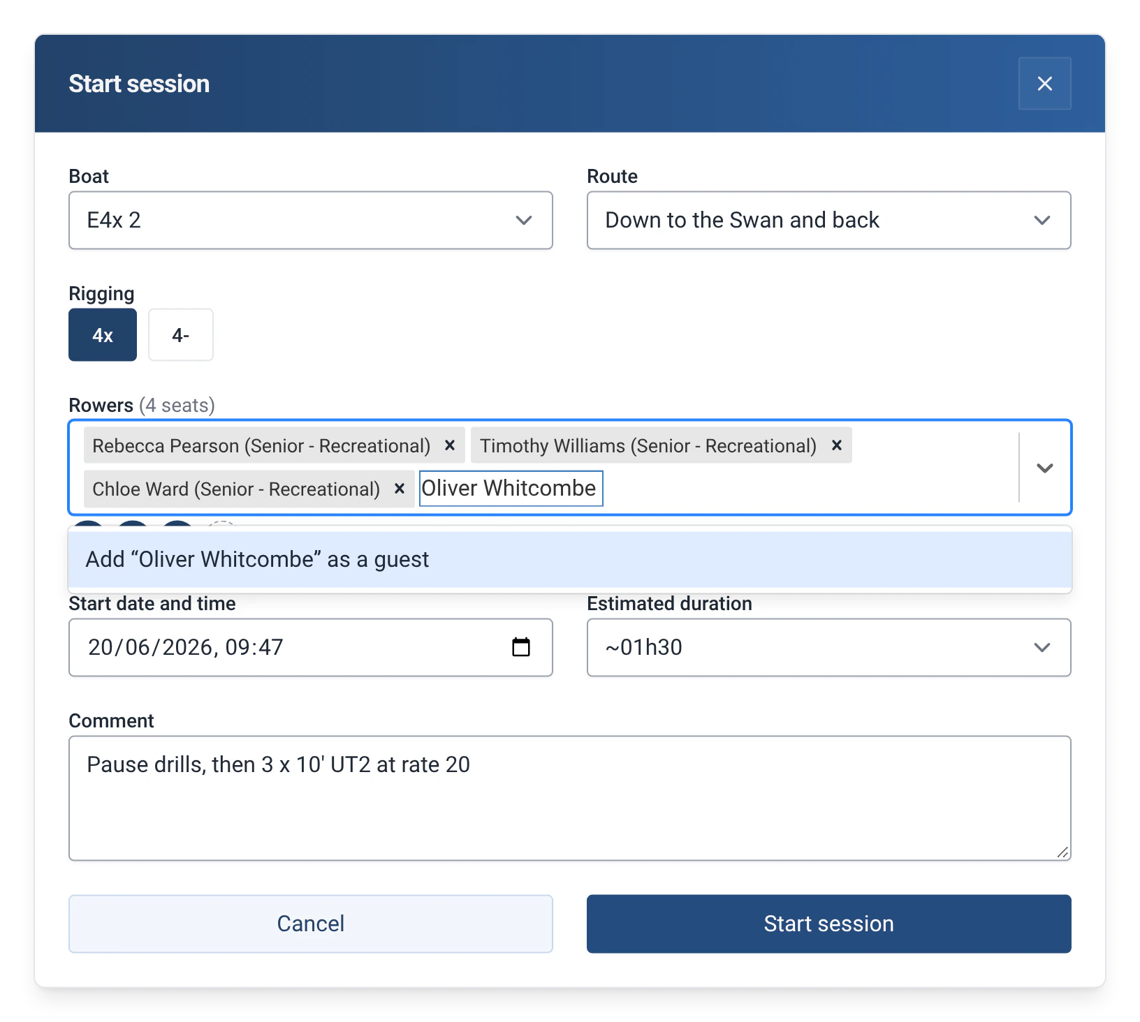 Starting an outing in E4x 2 in RowingBeacon with the Guests module: the option to add the typed name as a guest