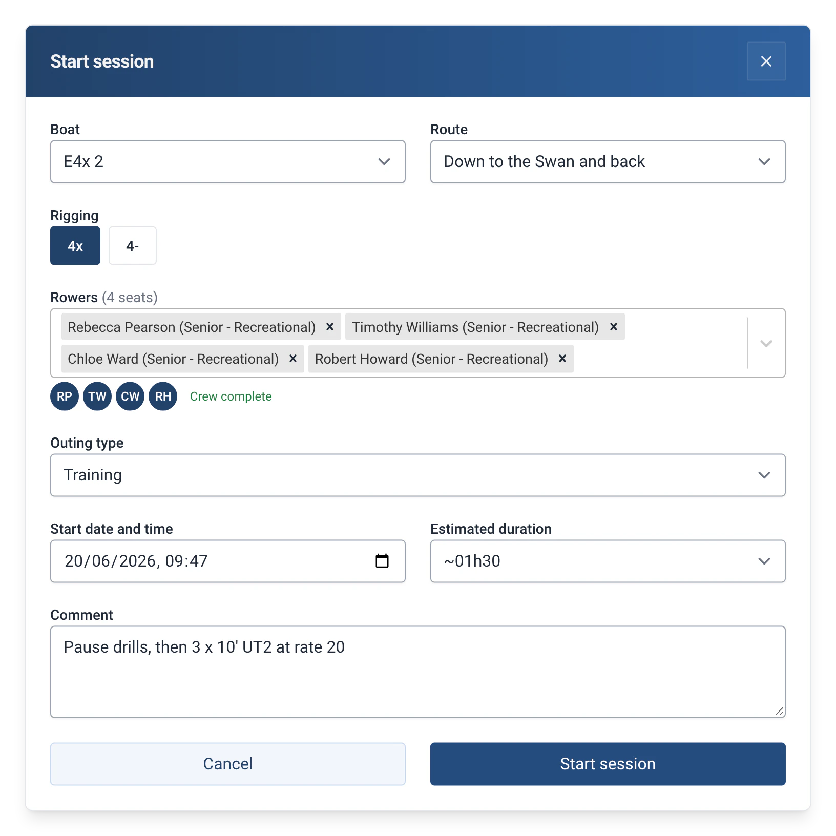 Starting an outing in E4x 2 in RowingBeacon with the Outing types module: the Training type is chosen