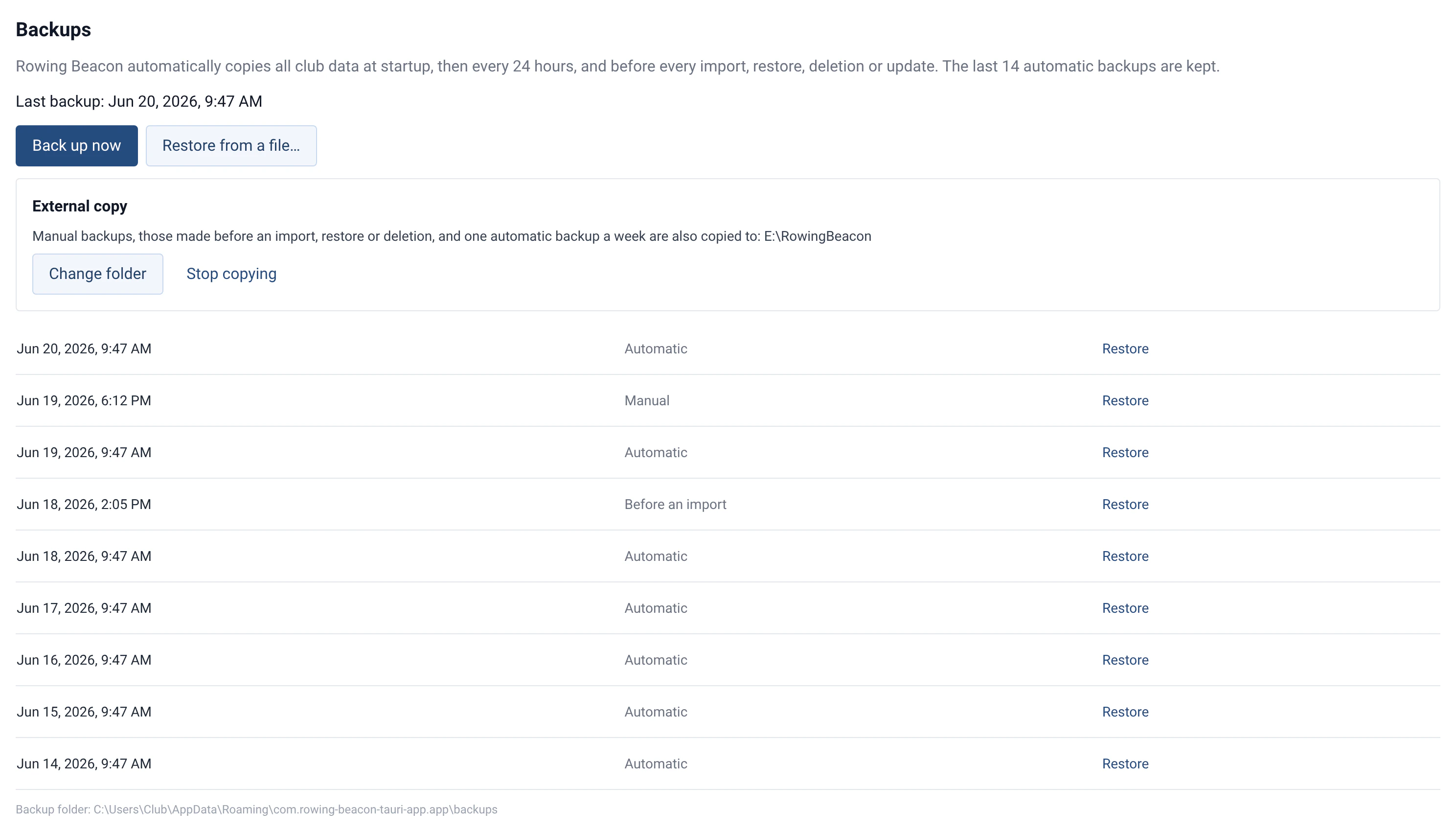 Backups section of RowingBeacon: last backup, external copy and the list of backups to restore