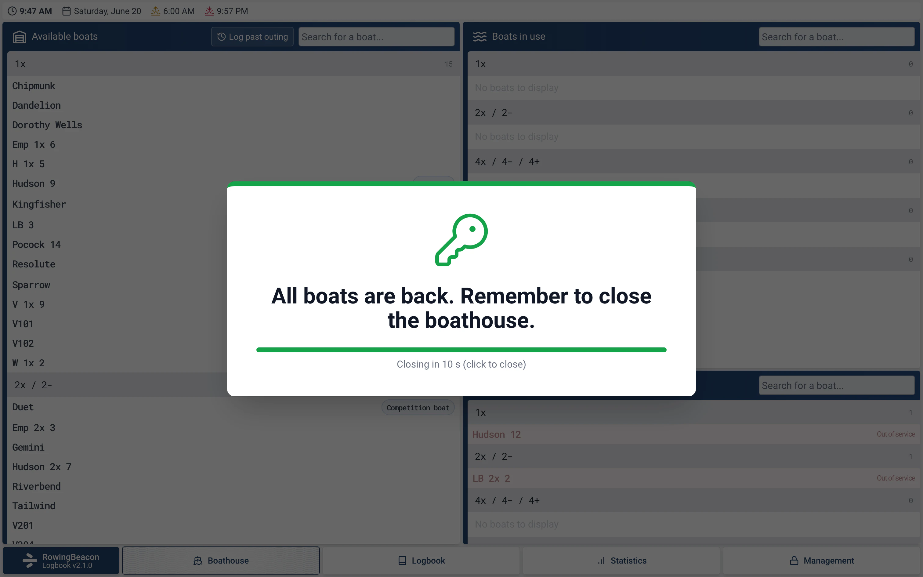 RowingBeacon boathouse screen: every boat is back and the reminder suggests locking up