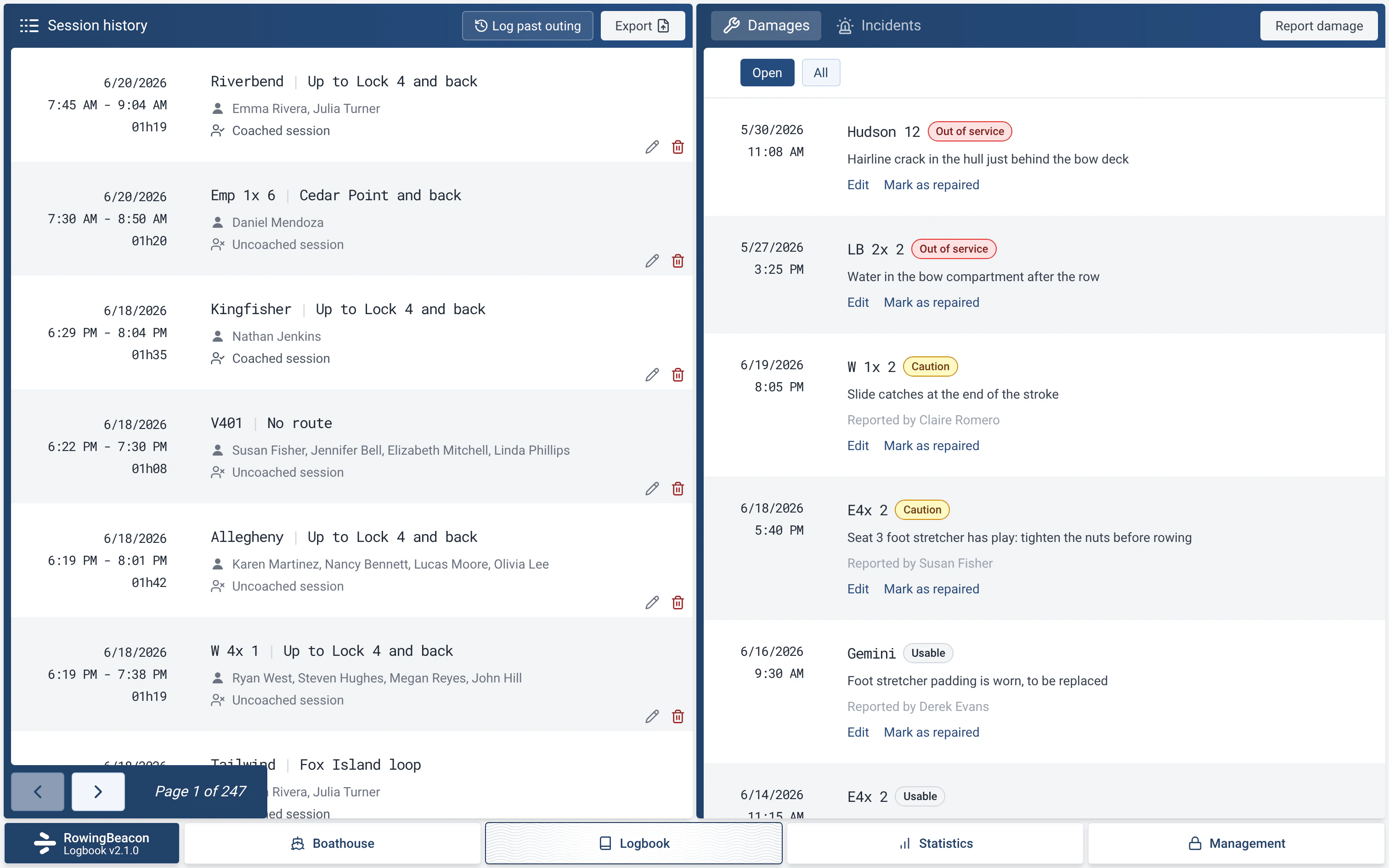 Damages tab of the RowingBeacon logbook: 6 open damage reports with their severity