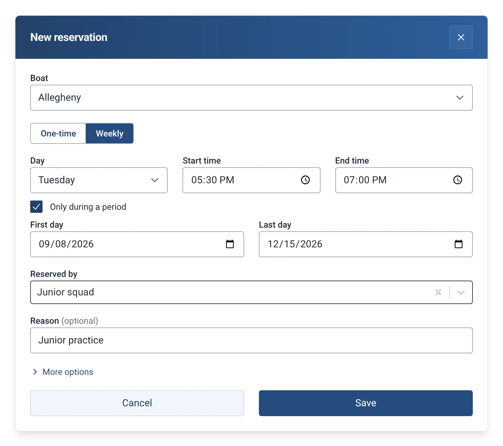 New reservation dialog: boat, repeat (one-time or weekly), dates and times, who is reserving and the reason
