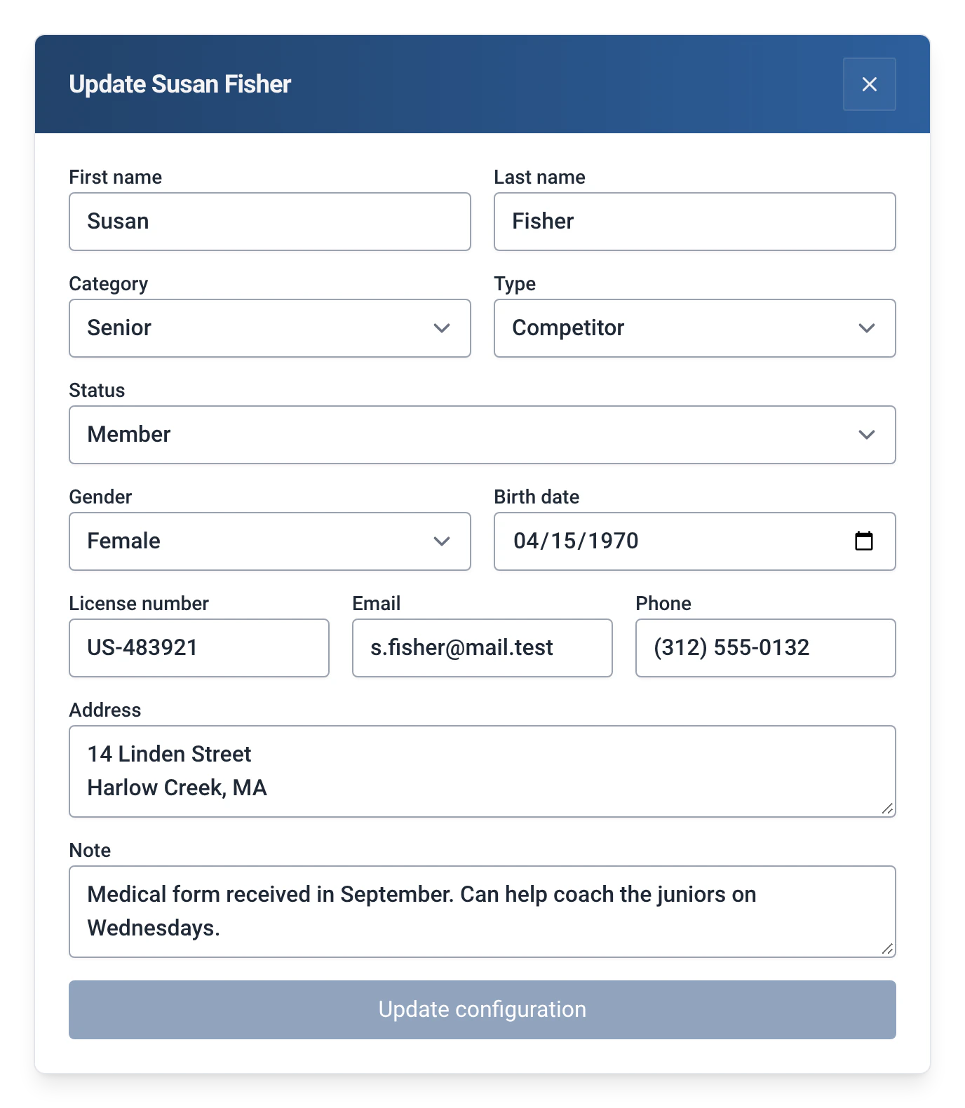Susan Fisher’s record in RowingBeacon with the Full member profile module: birth date, license, email, phone and address