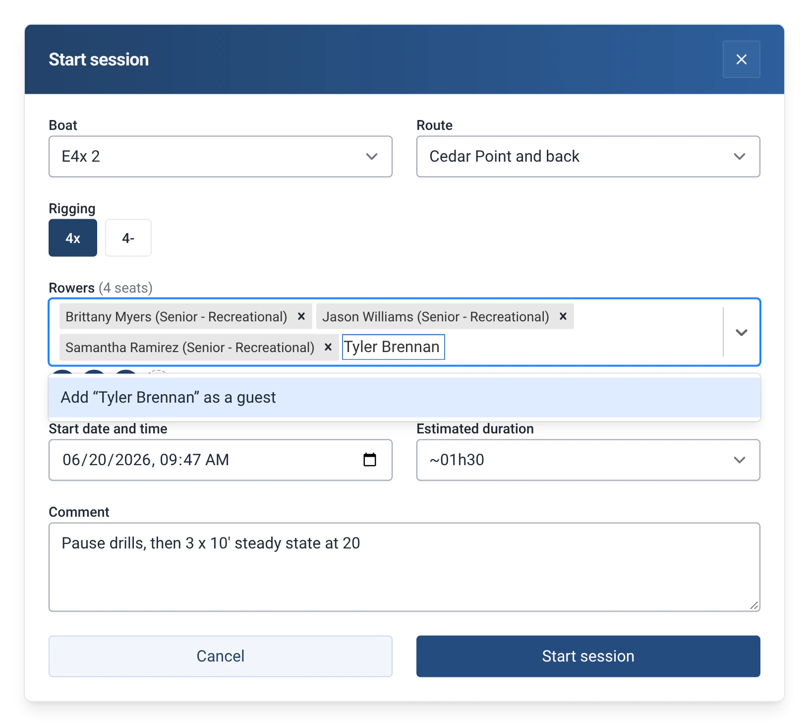 Starting an outing in E4x 2 in RowingBeacon with the Guests module: the option to add the typed name as a guest