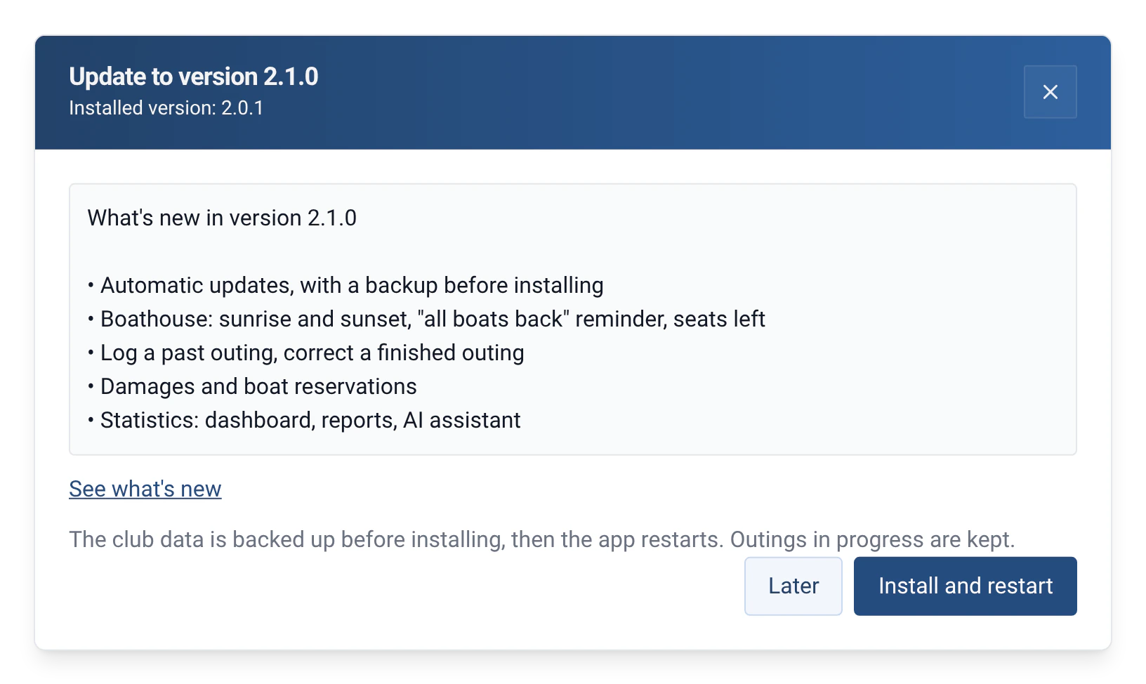 RowingBeacon update window: from version 2.0.1 to 2.1.0, with release notes and a backup before installing