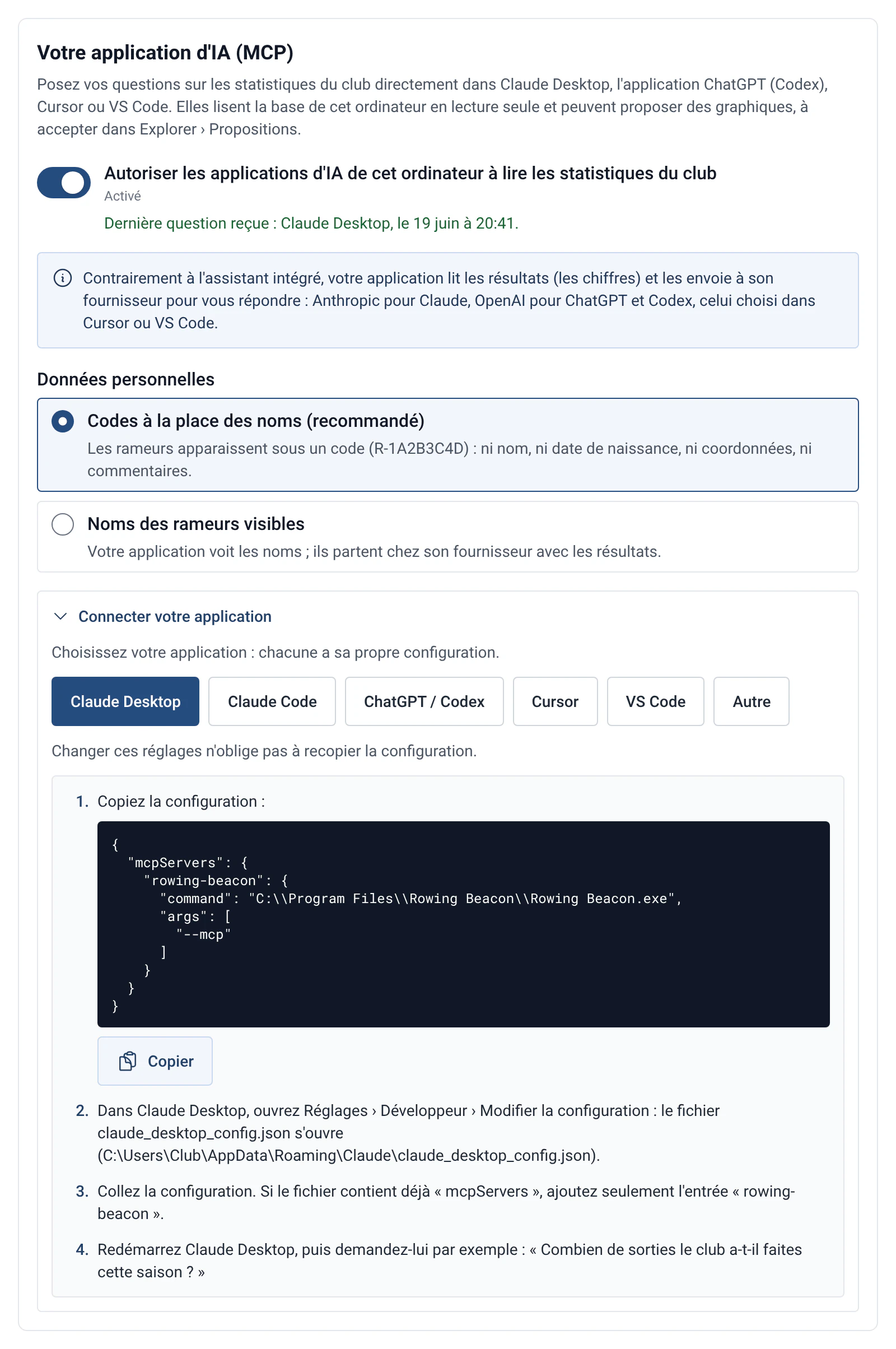 Réglages du serveur MCP de RowingBeacon pour brancher un assistant comme Claude Desktop