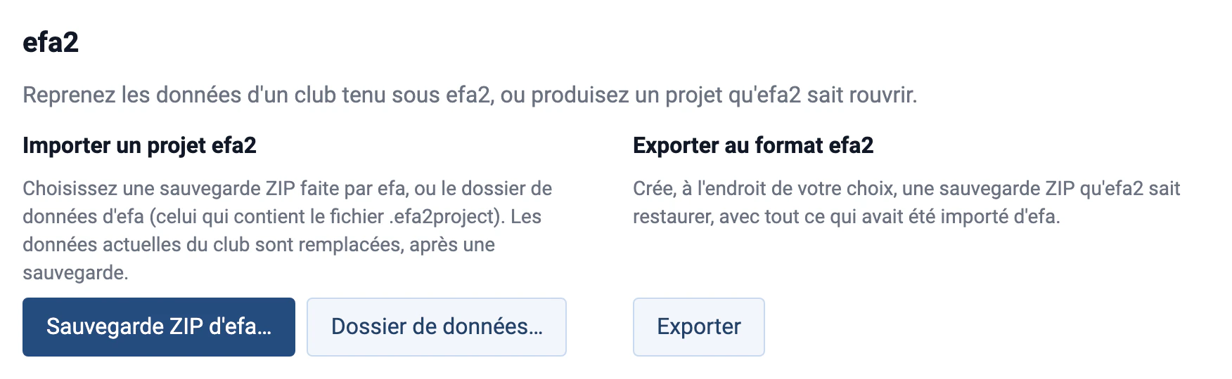 Section efa2 de Gestion › Données dans Rowing Beacon : importer un projet efa2 depuis une sauvegarde ZIP ou un dossier de données, ou exporter au format efa2