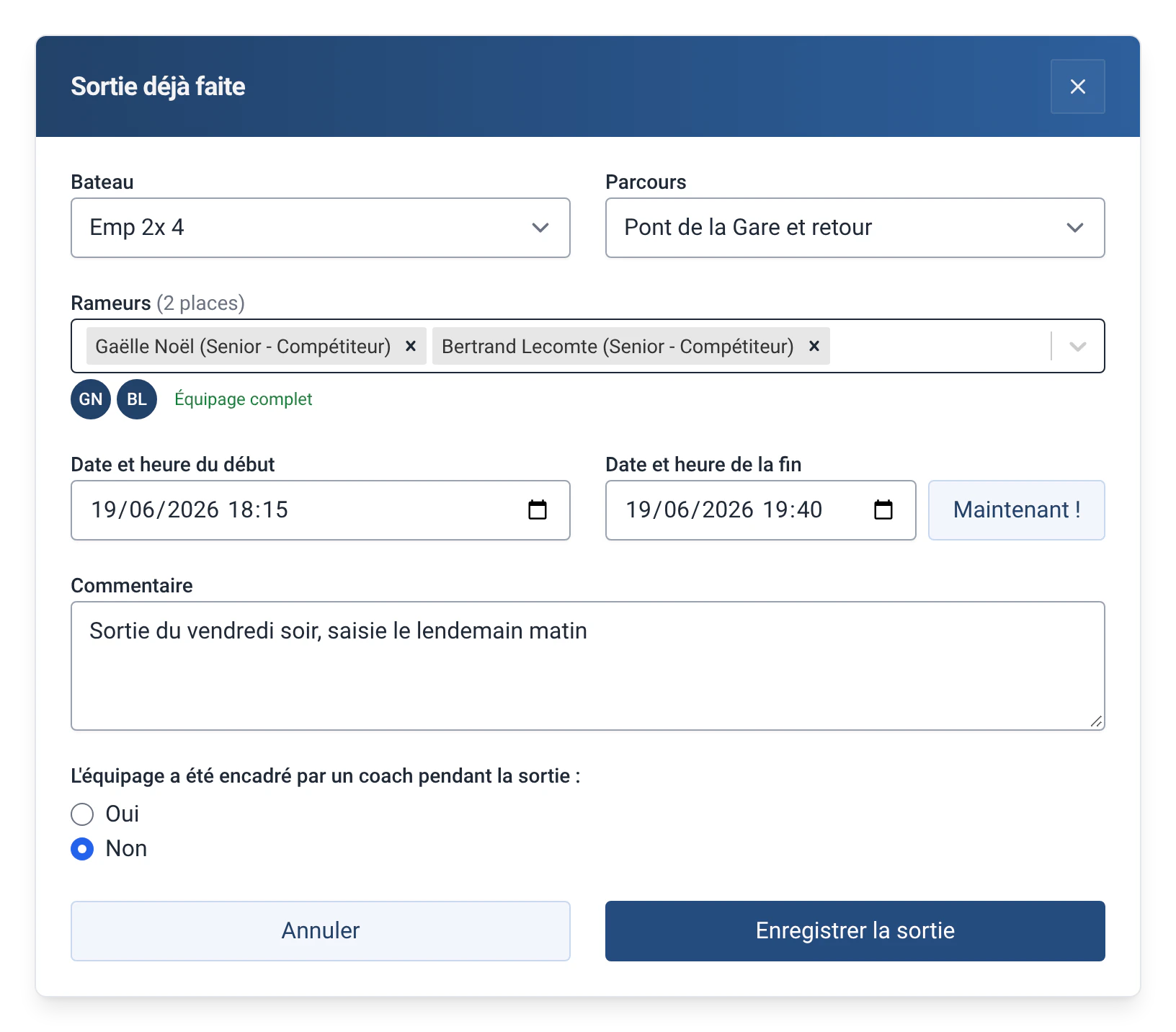 Fenêtre « Sortie déjà faite » de RowingBeacon : sortie du bateau Emp 2x 4 saisie après coup, avec heures de début et de fin