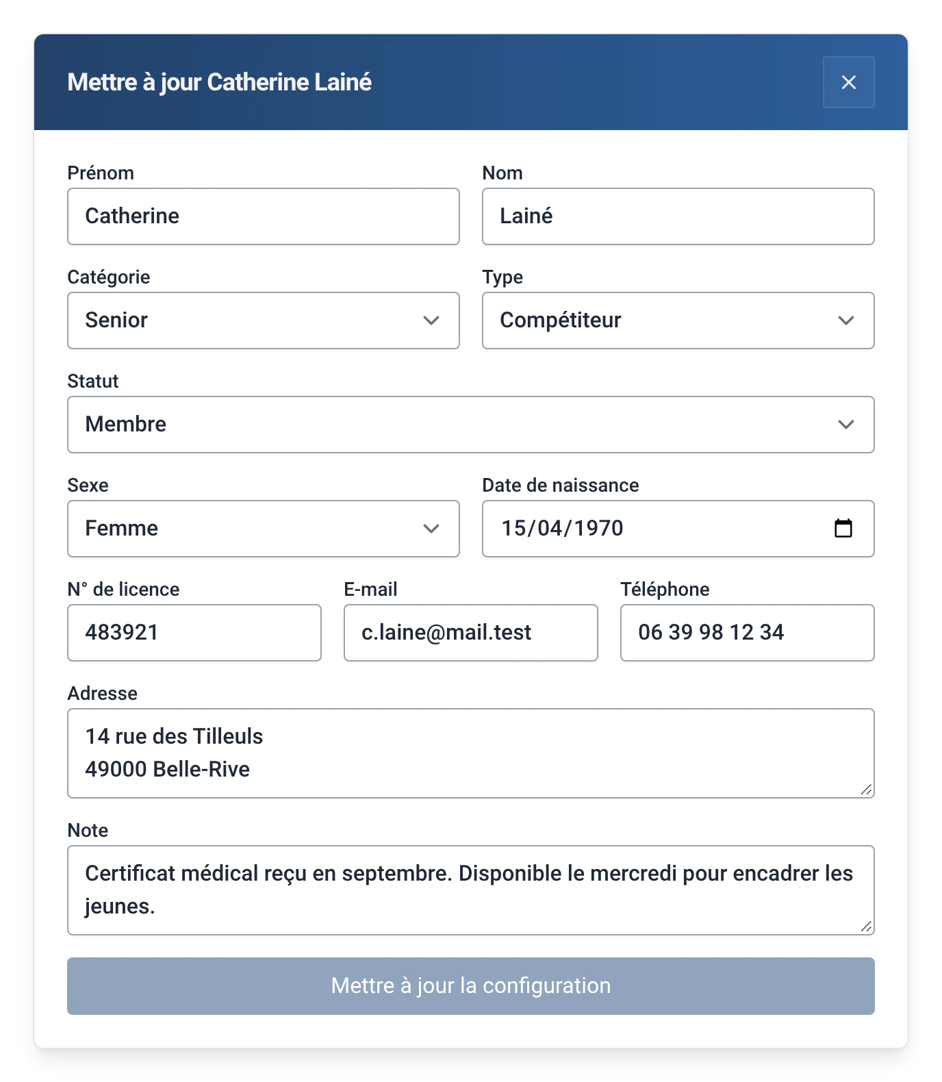 Fiche de Catherine Lainé dans RowingBeacon avec le module Fiche membre complète : naissance, licence, e-mail, téléphone et adresse