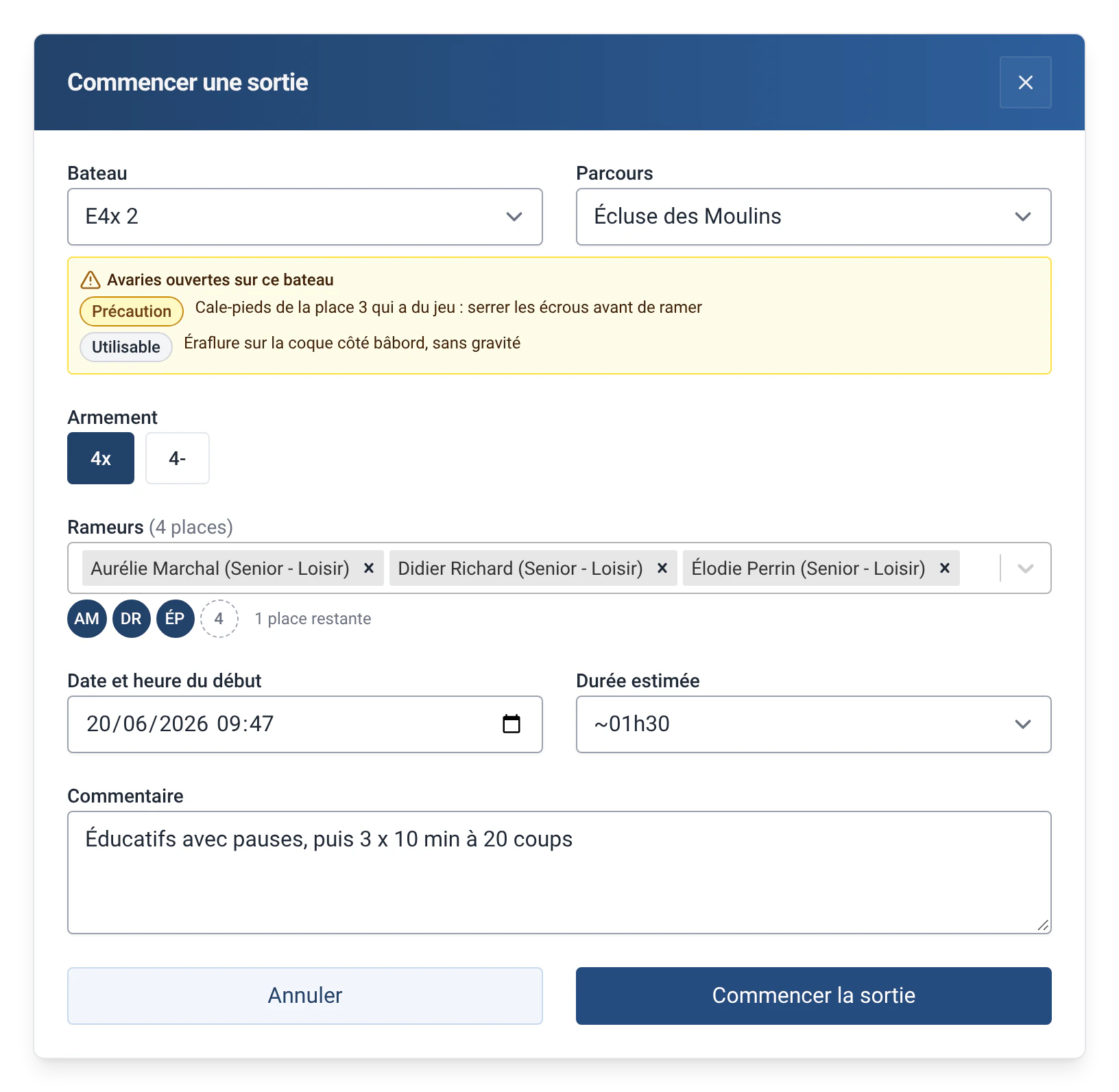 Départ du bateau E4x 2 dans RowingBeacon : avertissement des avaries ouvertes sur ce bateau