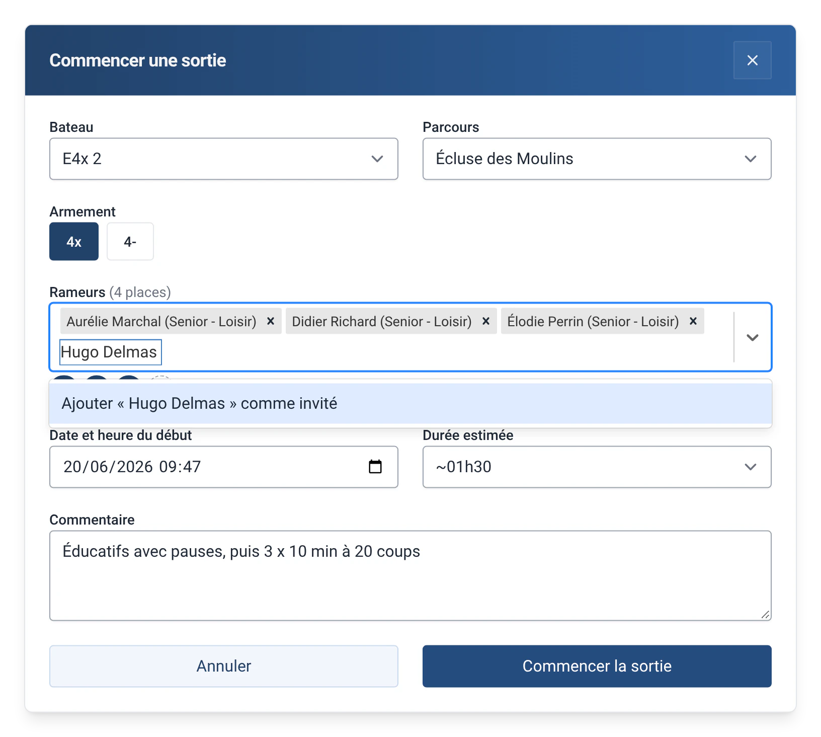 Départ du bateau E4x 2 dans RowingBeacon avec le module Invités : la proposition d’ajouter le nom tapé comme invité