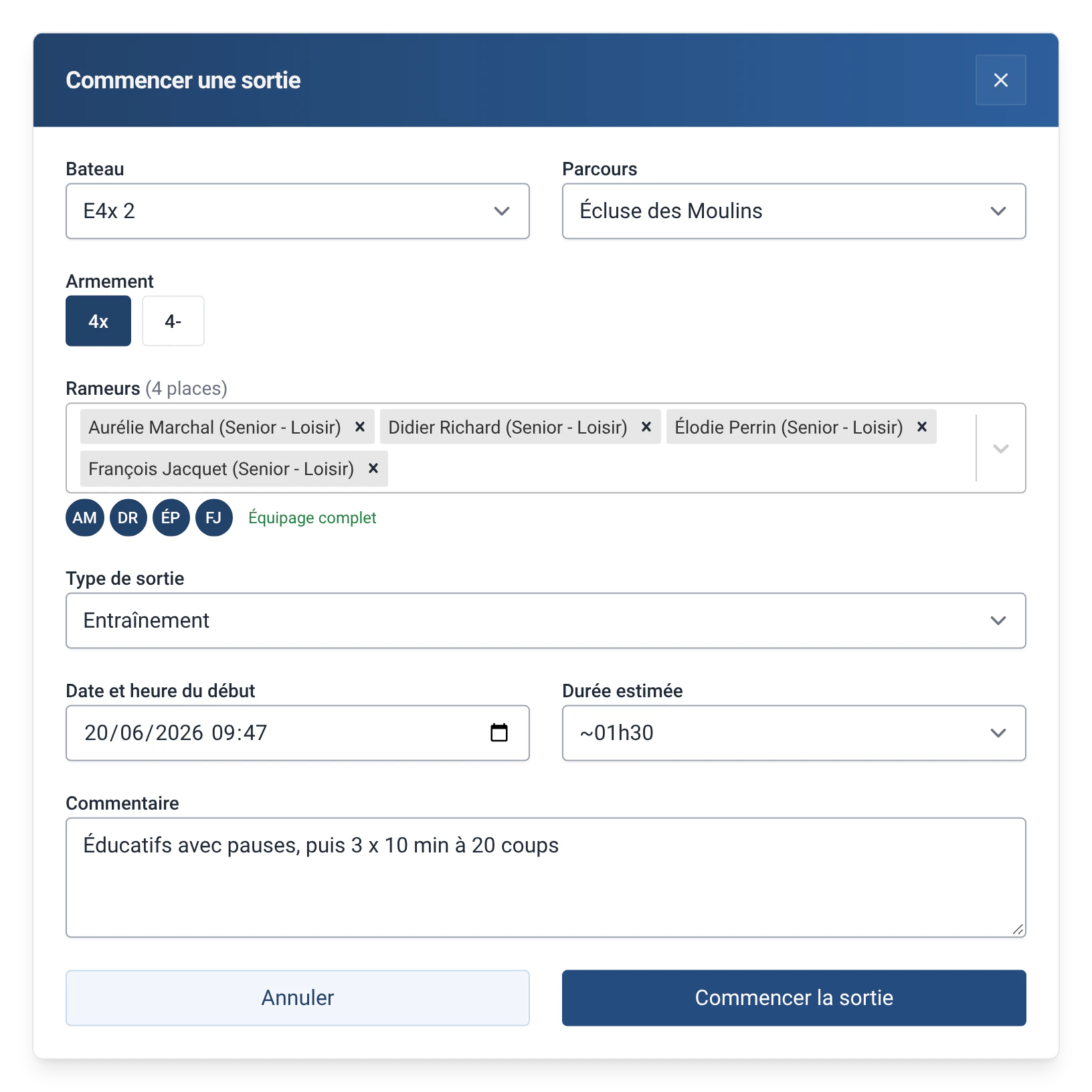 Départ du bateau E4x 2 dans RowingBeacon avec le module Types de sortie : le type Entraînement est choisi