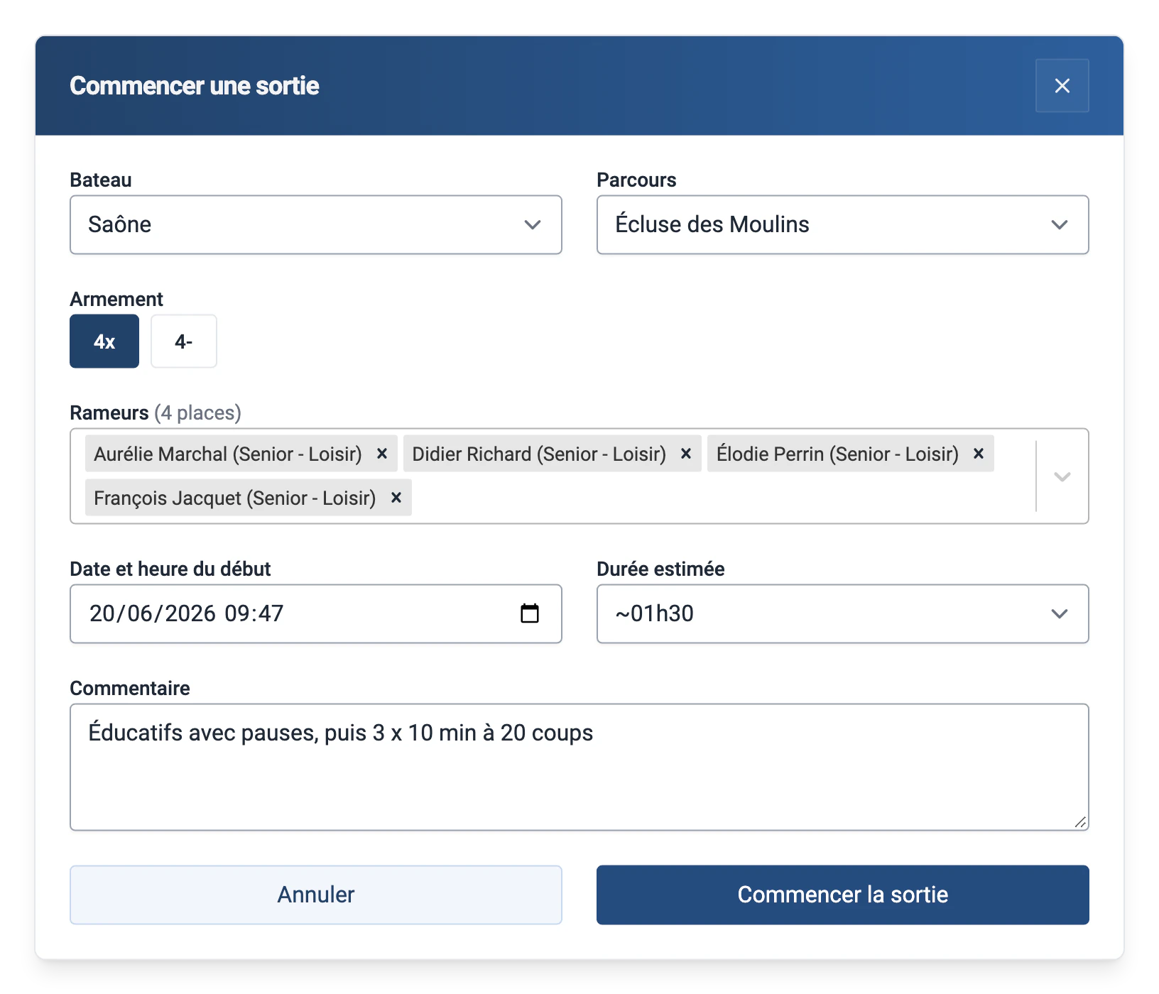 Début d'une sortie sur Saône : parcours, équipage de quatre rameurs, heure de départ et durée estimée