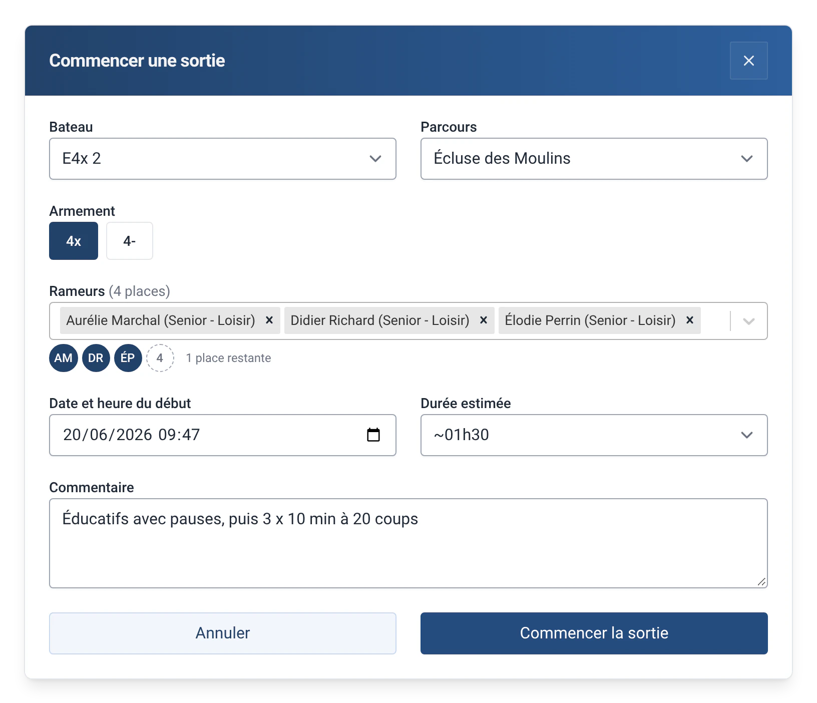 Début d'une sortie sur E4x 2 : parcours, équipage de quatre rameurs, heure de départ et durée estimée