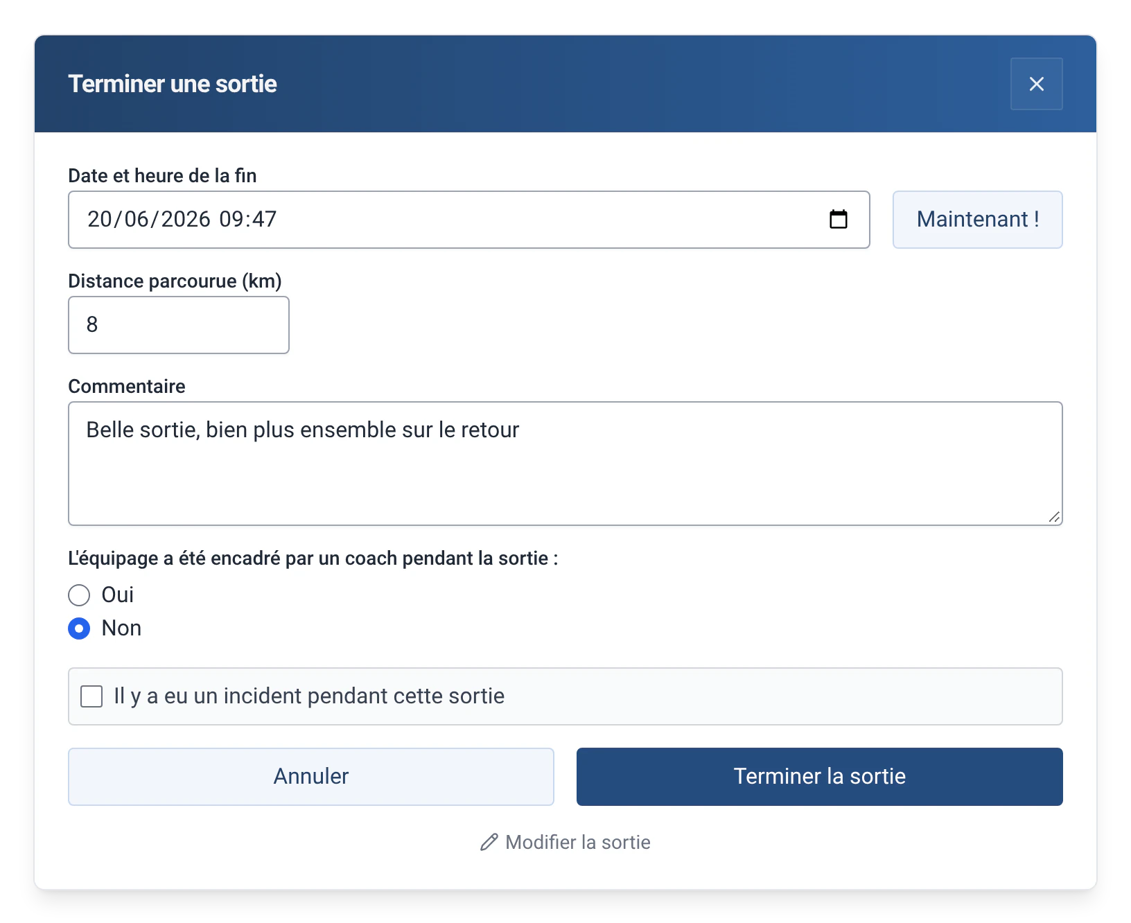 Retour du bateau F206 dans RowingBeacon avec le module Distances : la distance du parcours est déjà remplie