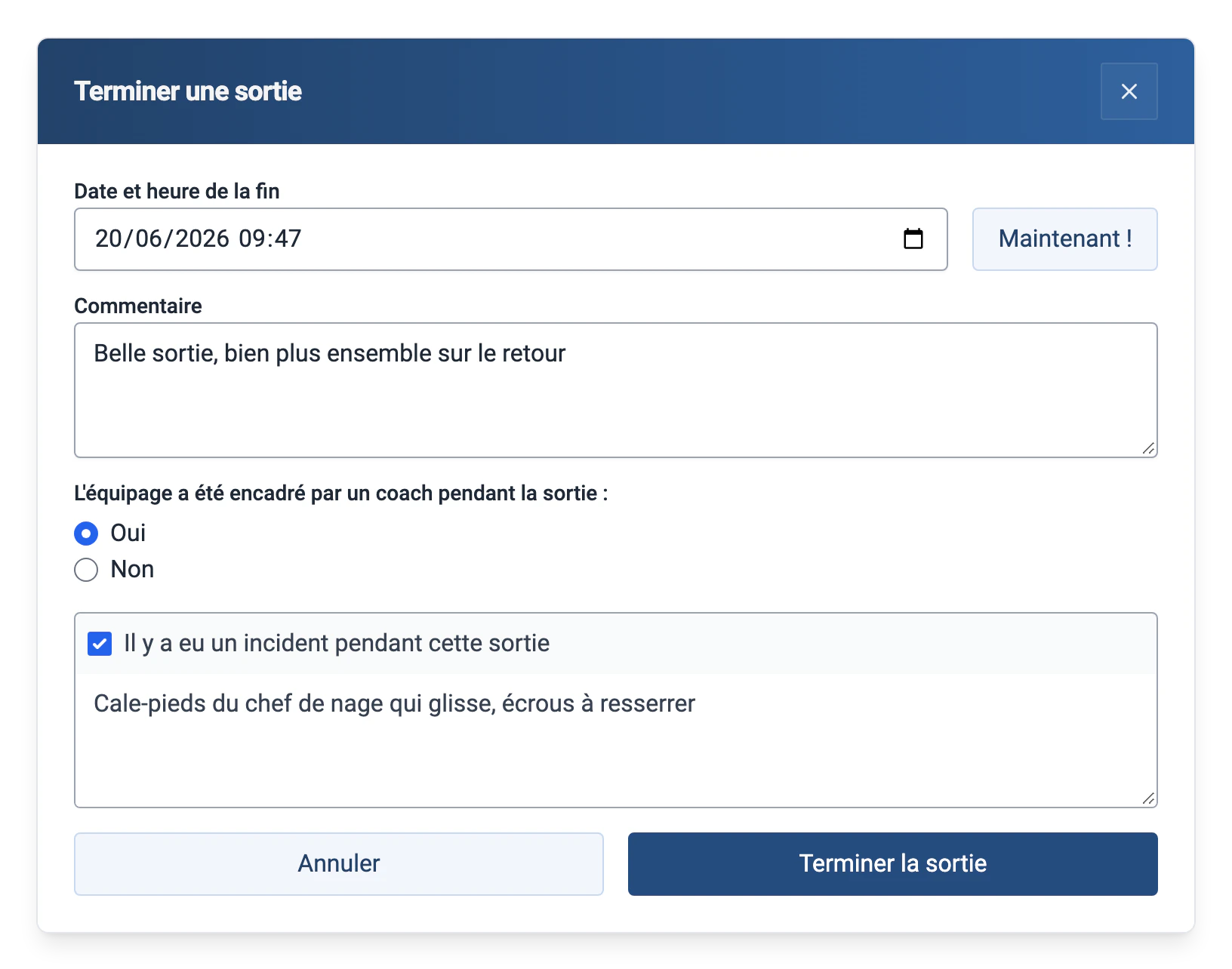 Fin d'une sortie sur Vézère : commentaire, encadrement par un coach et signalement d'un incident