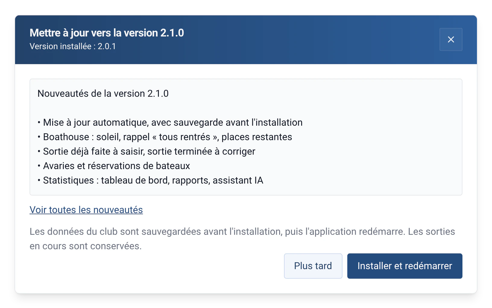 Fenêtre de mise à jour de RowingBeacon : passage de la version 2.0.1 à la 2.1.0, notes de version et sauvegarde avant installation