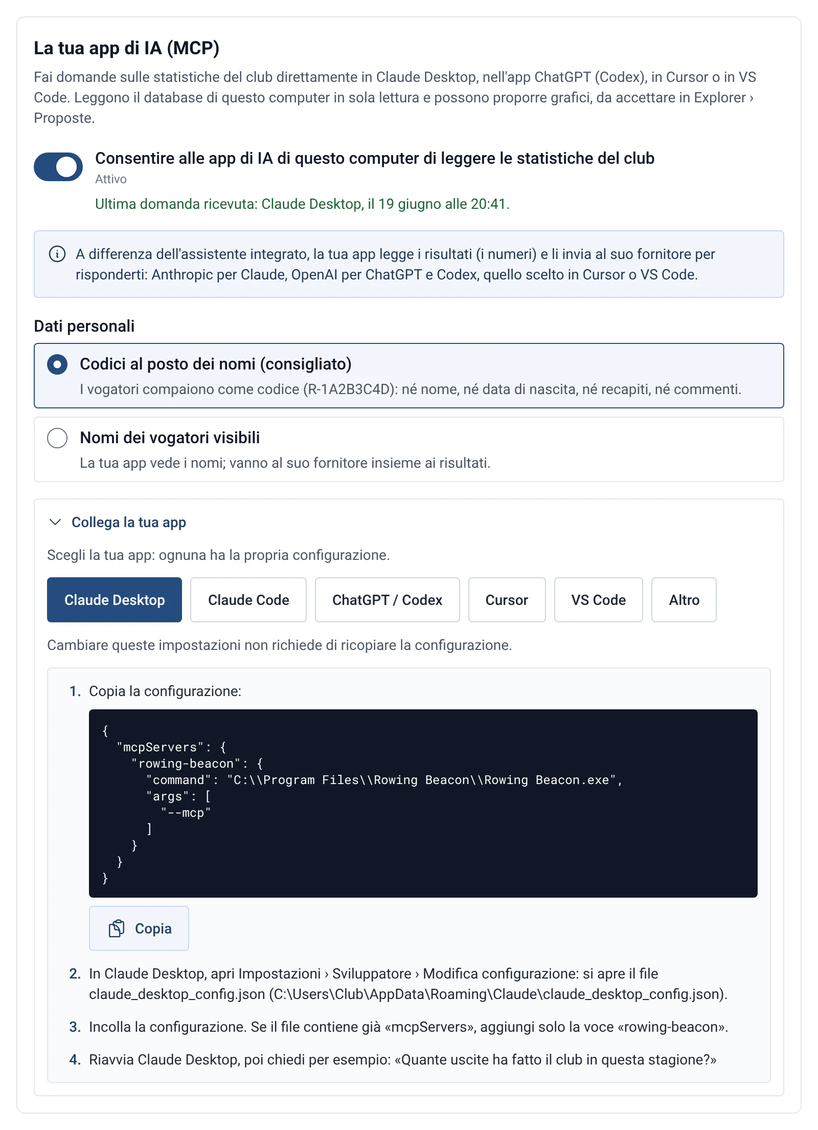 Impostazioni del server MCP di RowingBeacon per collegare un assistente come Claude Desktop