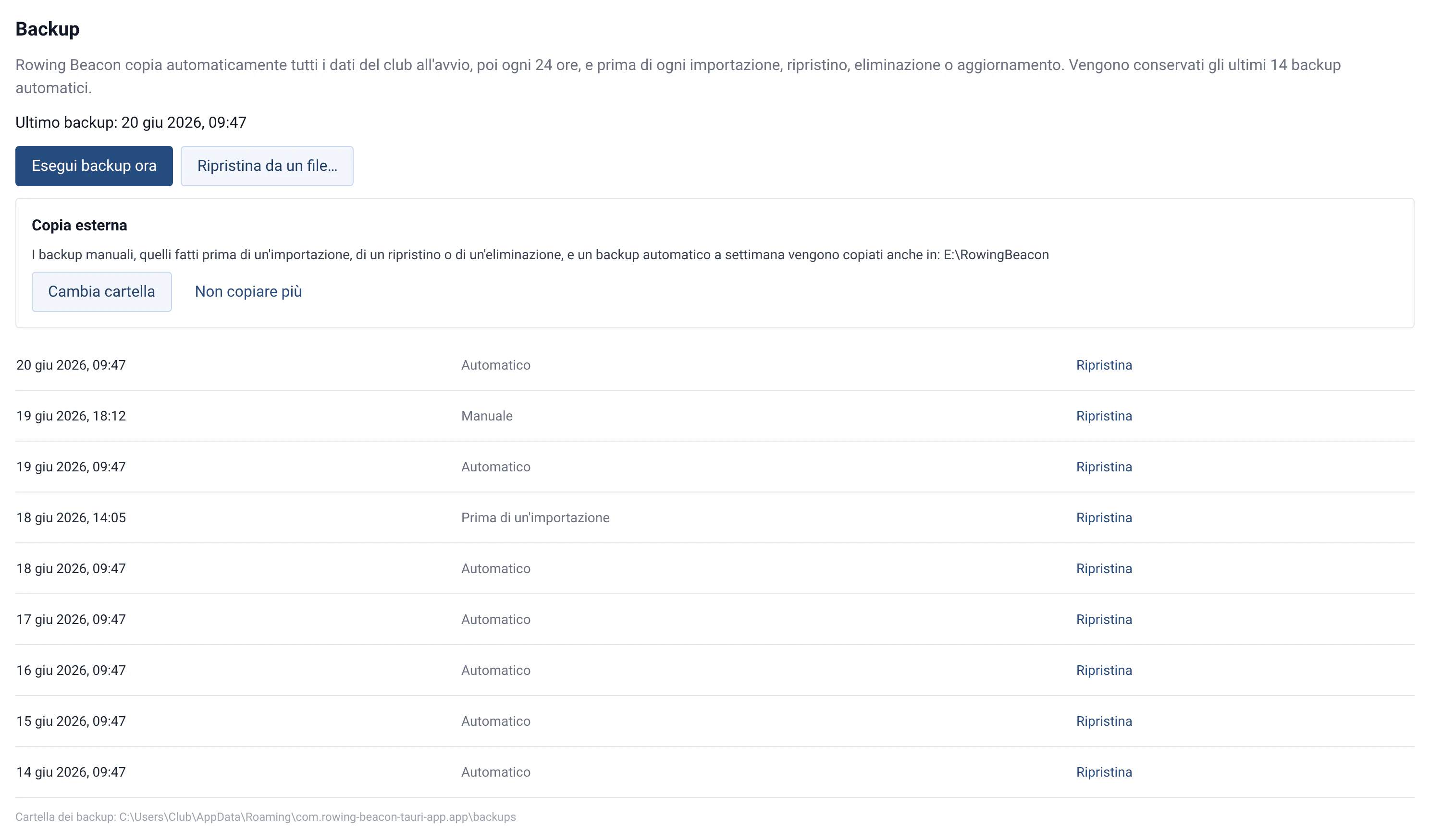 Sezione Backup di RowingBeacon: ultimo backup, copia esterna ed elenco dei backup da ripristinare