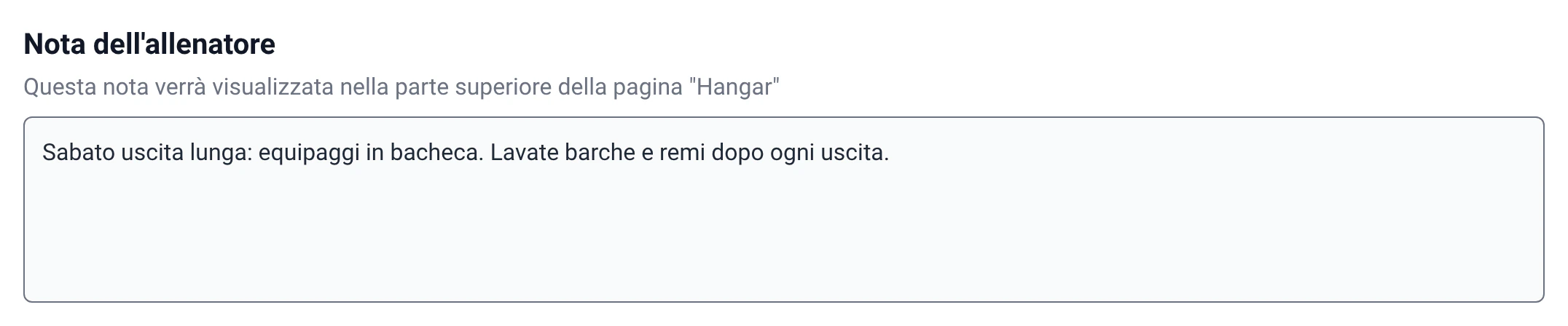 Campo «Nota dell’allenatore» di RowingBeacon, in Gestione › Impostazioni varie